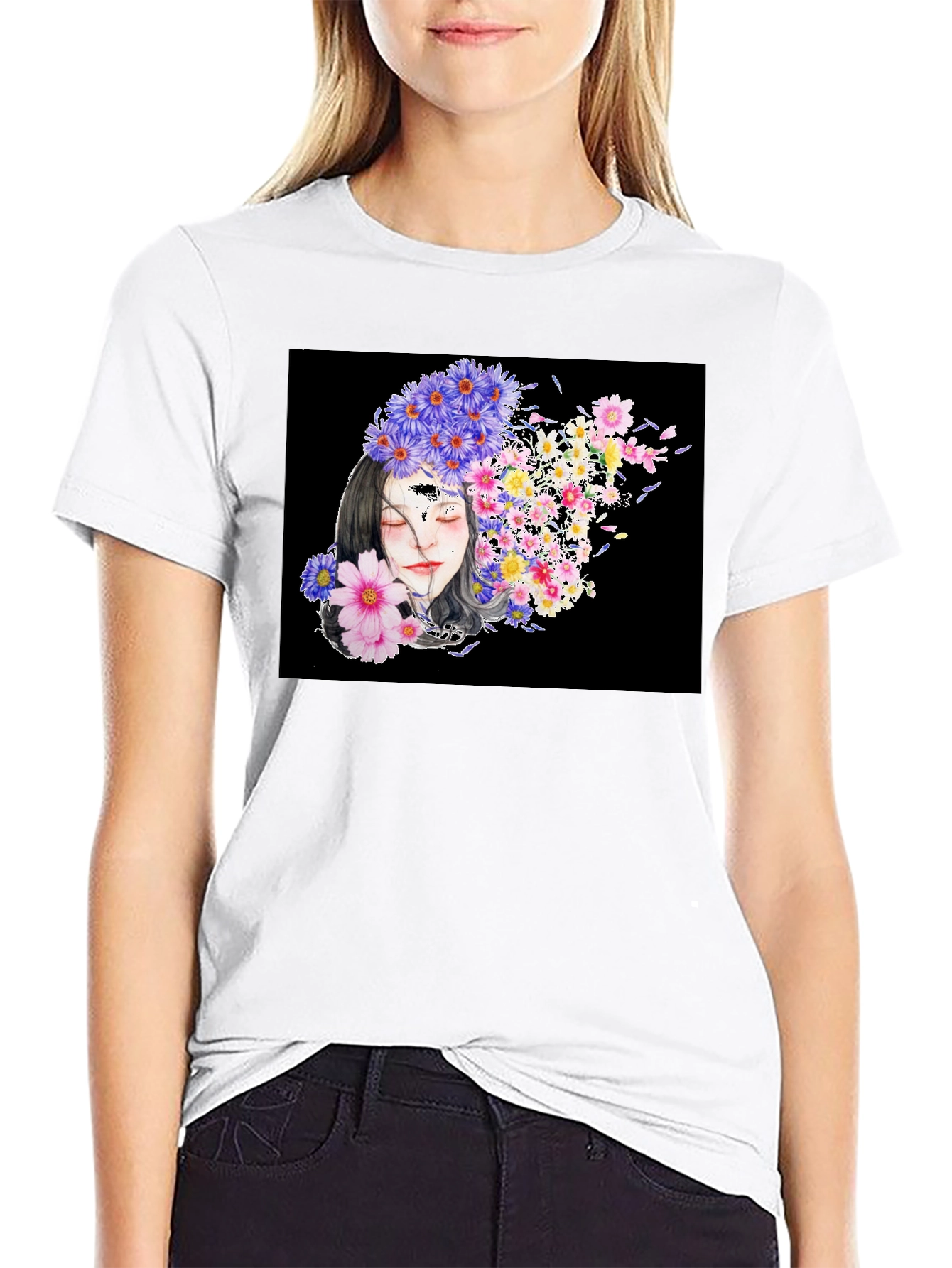 Black Floral Woman Black T-Shirt view 9