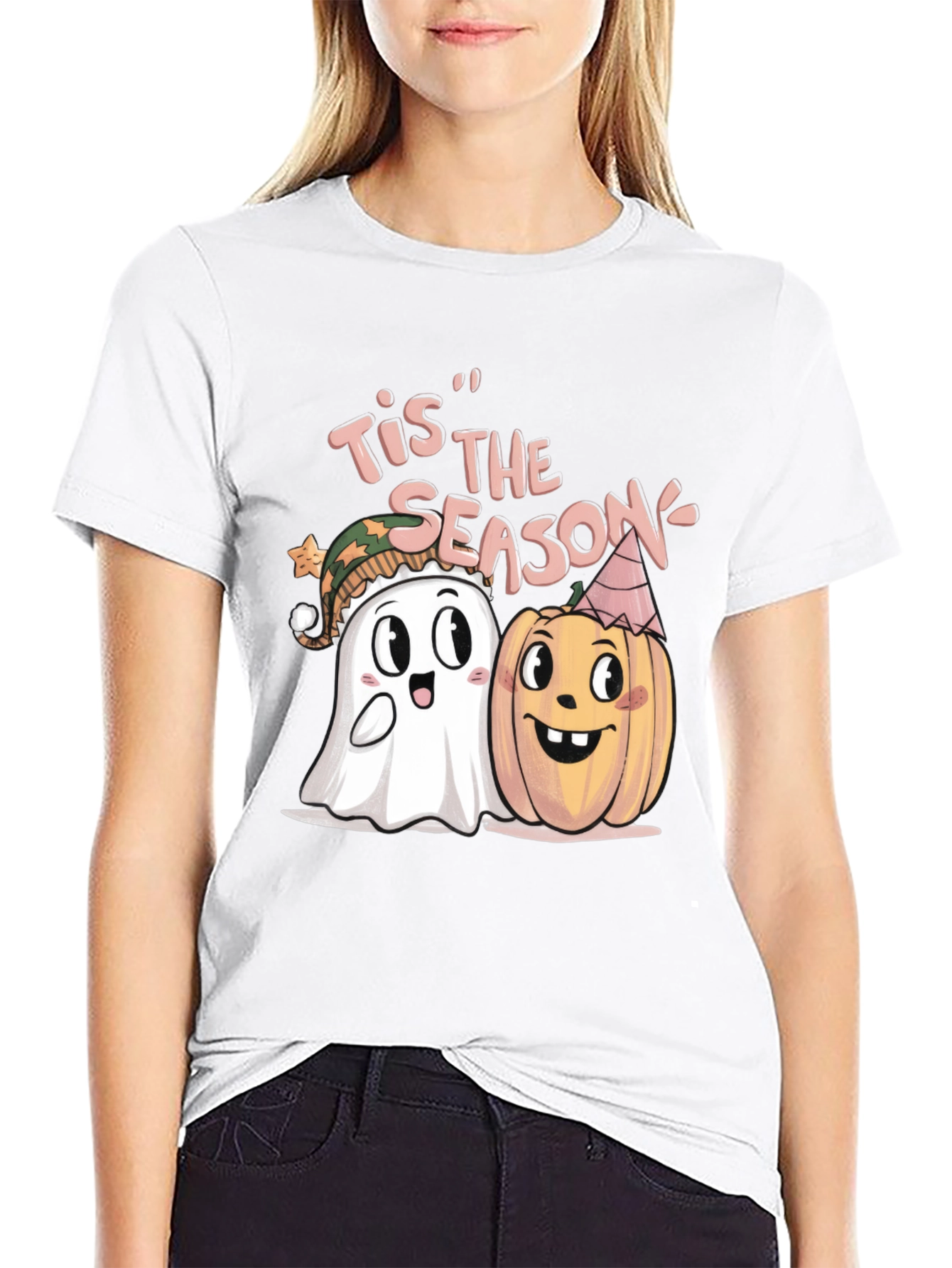 Black Tis' the Season Halloween Ghost & Pumpkin T-Shirt view 9