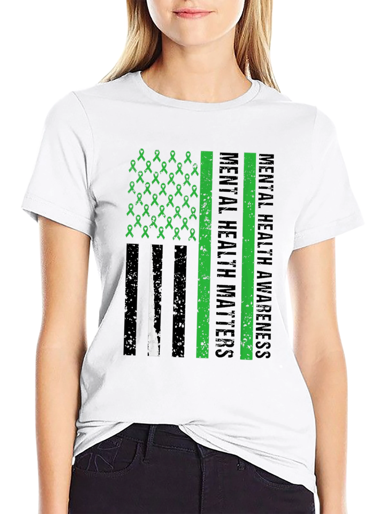 Black Mental Health Matters Awareness Ribbon American Flag Tee view 9
