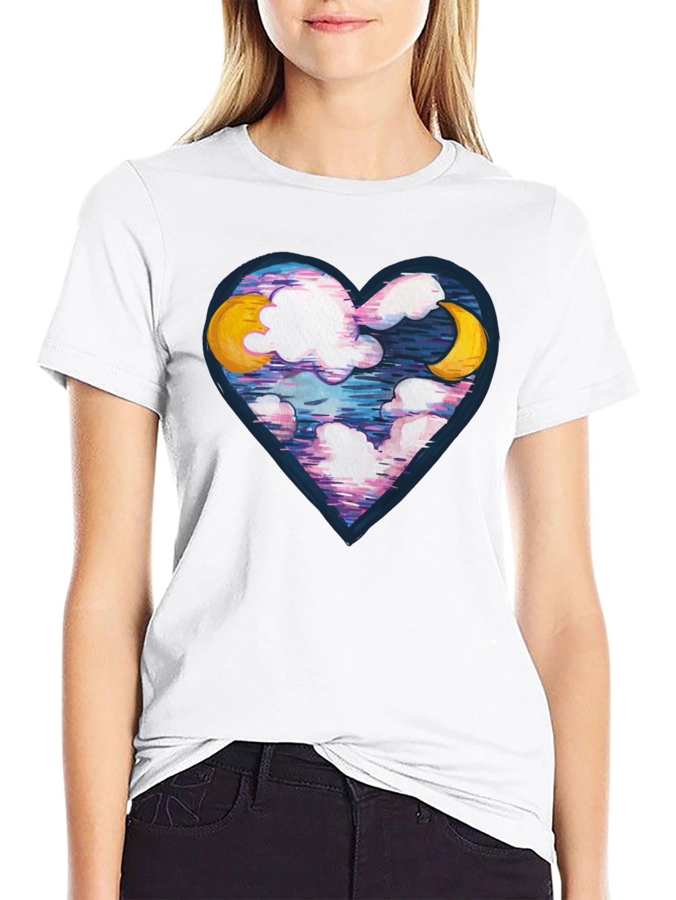 Black Moon and Clouds Heart Graphic Tee - Black view 9