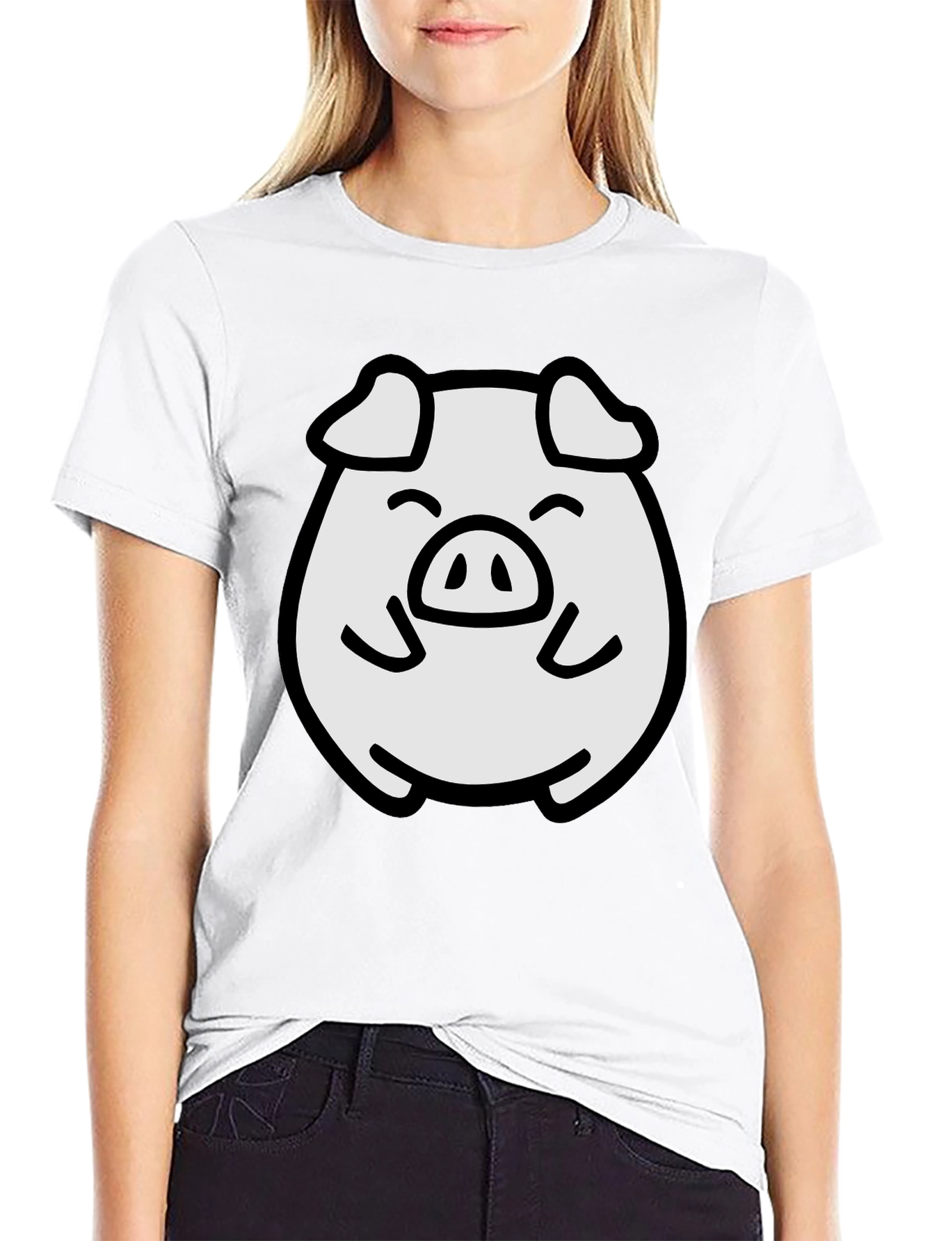Black Cute Pig Graphic Tee - Black Cotton Blend Comfort view 9