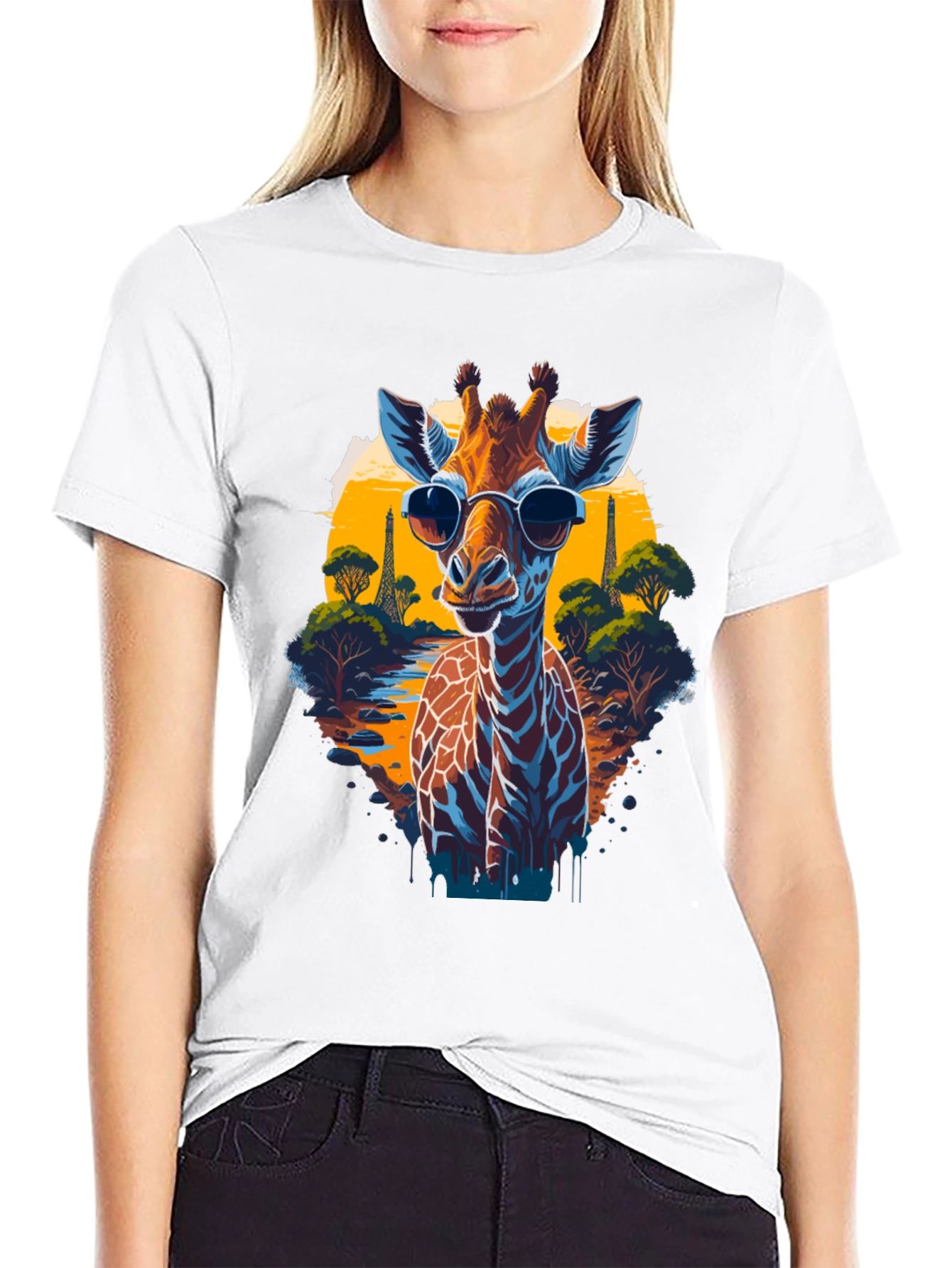 Black Cool Giraffe in Shades Graphic T-Shirt view 9