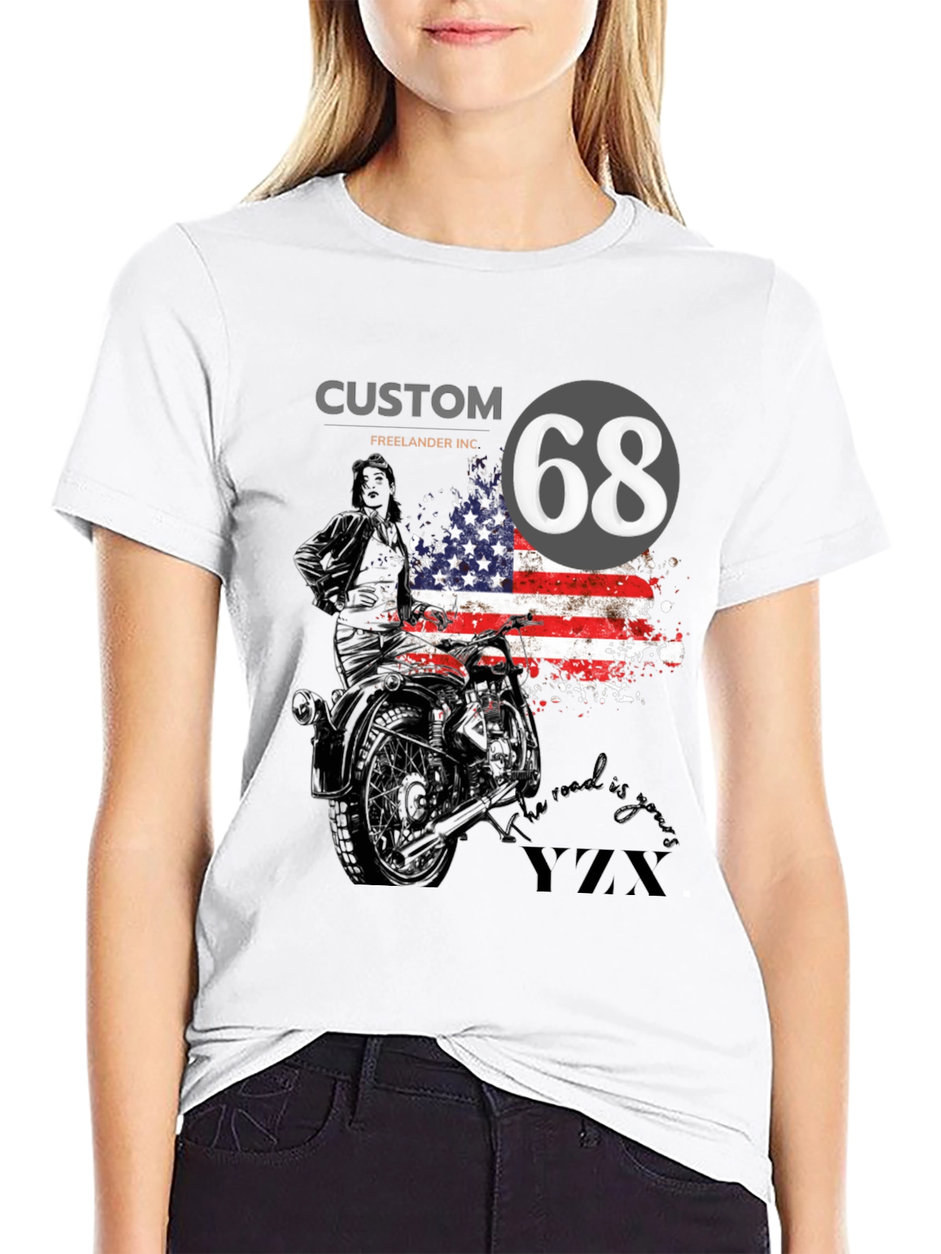 Black Custom 68 American Flag Motorcycle T-Shirt view 9