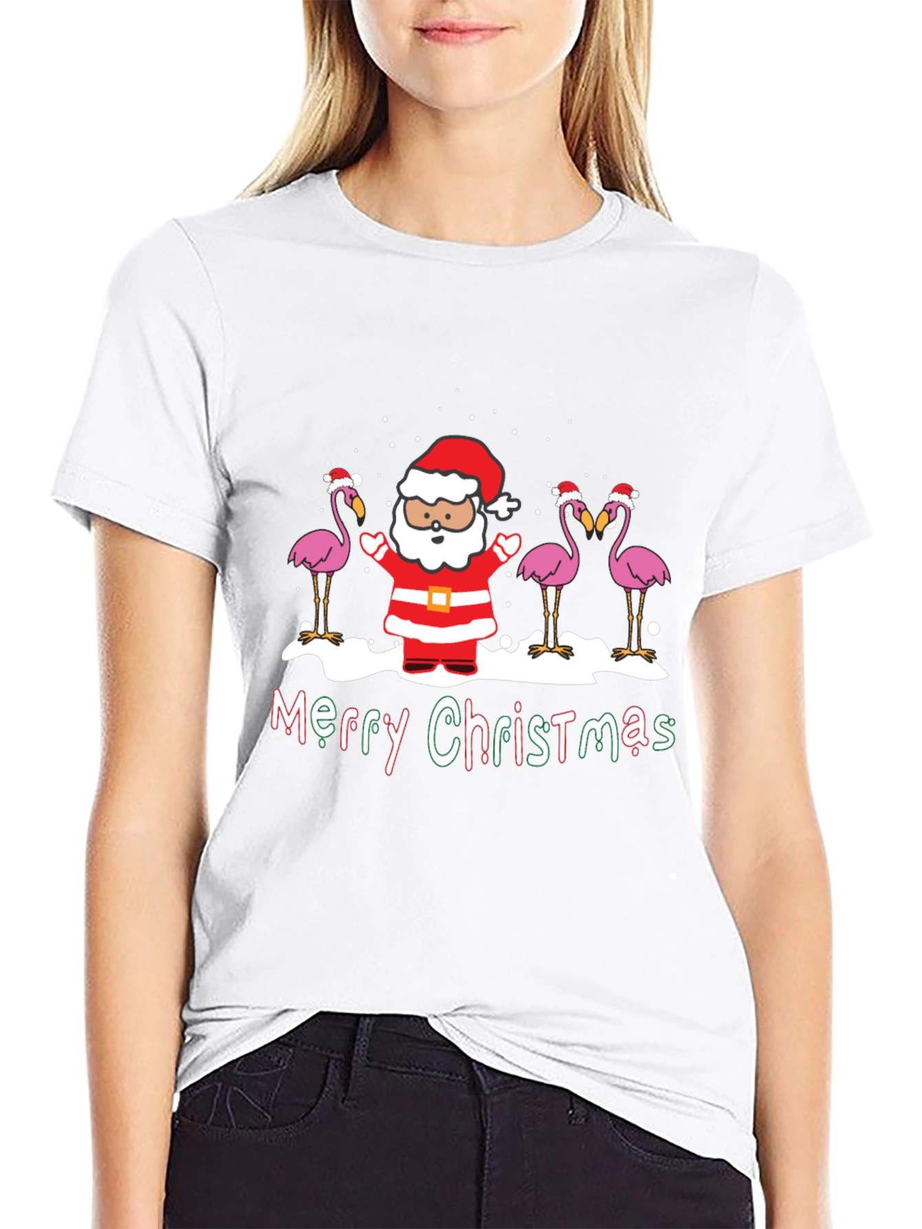 Black Merry Christmas Flamingo Santa Graphic Tee view 9