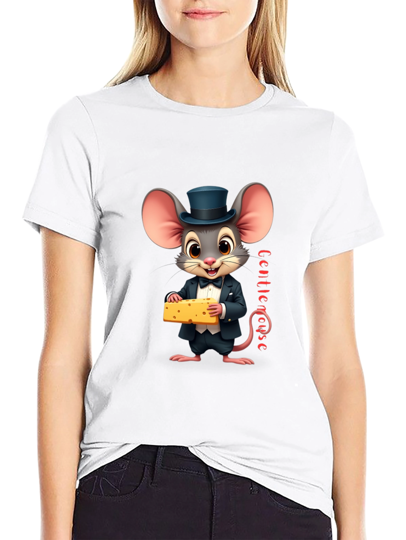 Black Gentle Mouse Cheese T-Shirt - Funny Cartoon Tee view 9