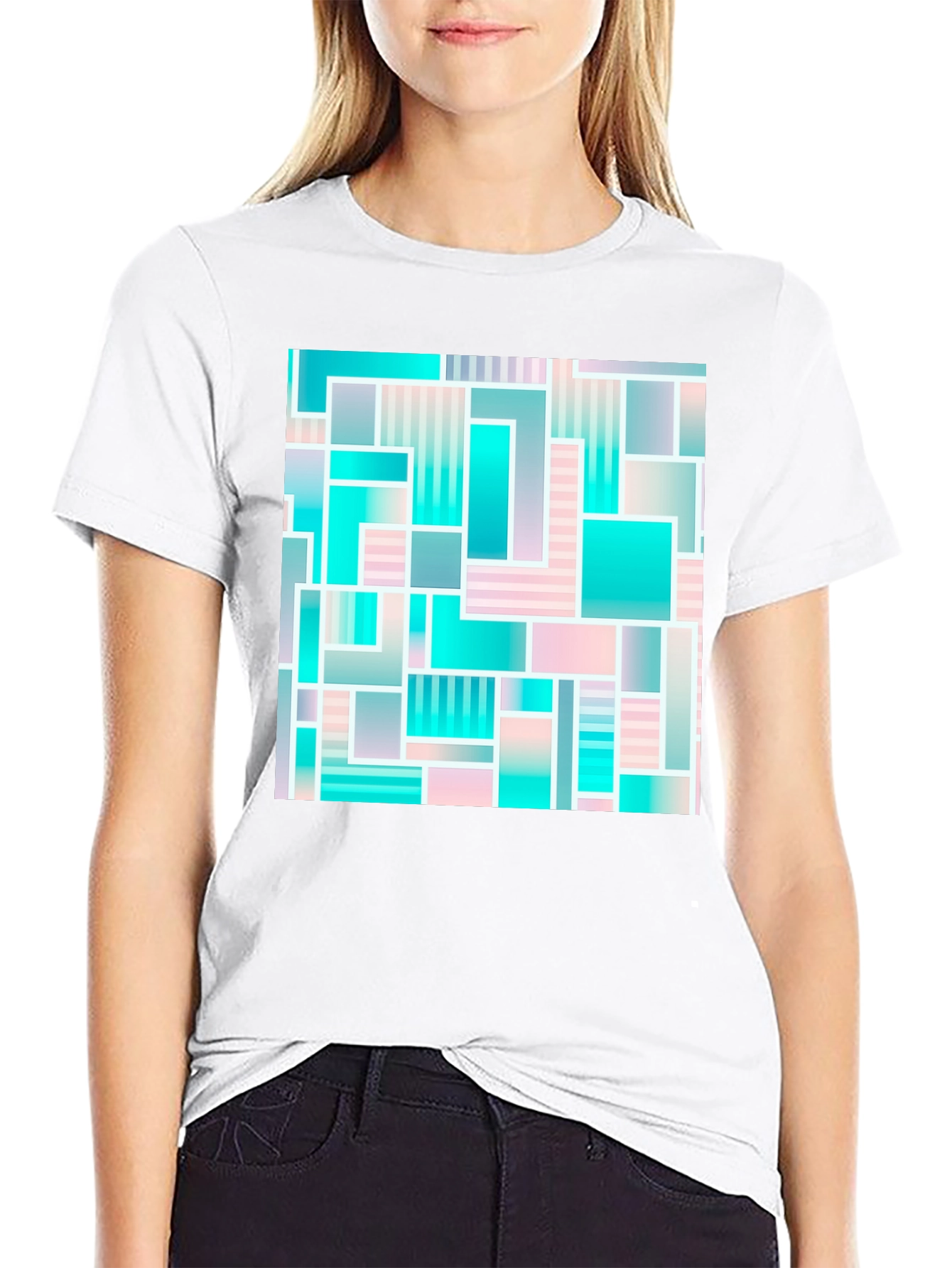 Black Geometric Abstract Teal & Pink T-Shirt view 9