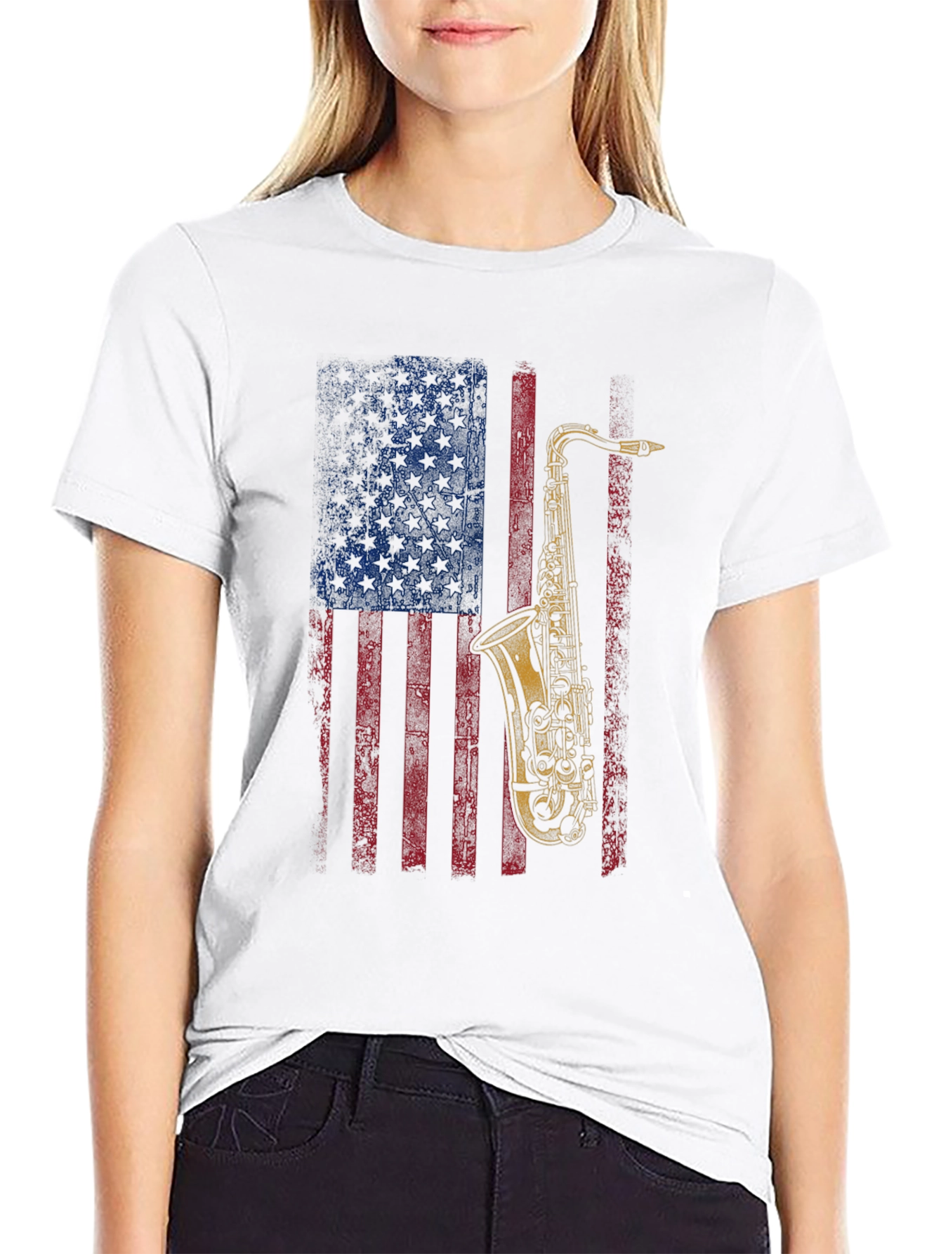 Black Saxophone American Flag Graphic T-Shirt view 9