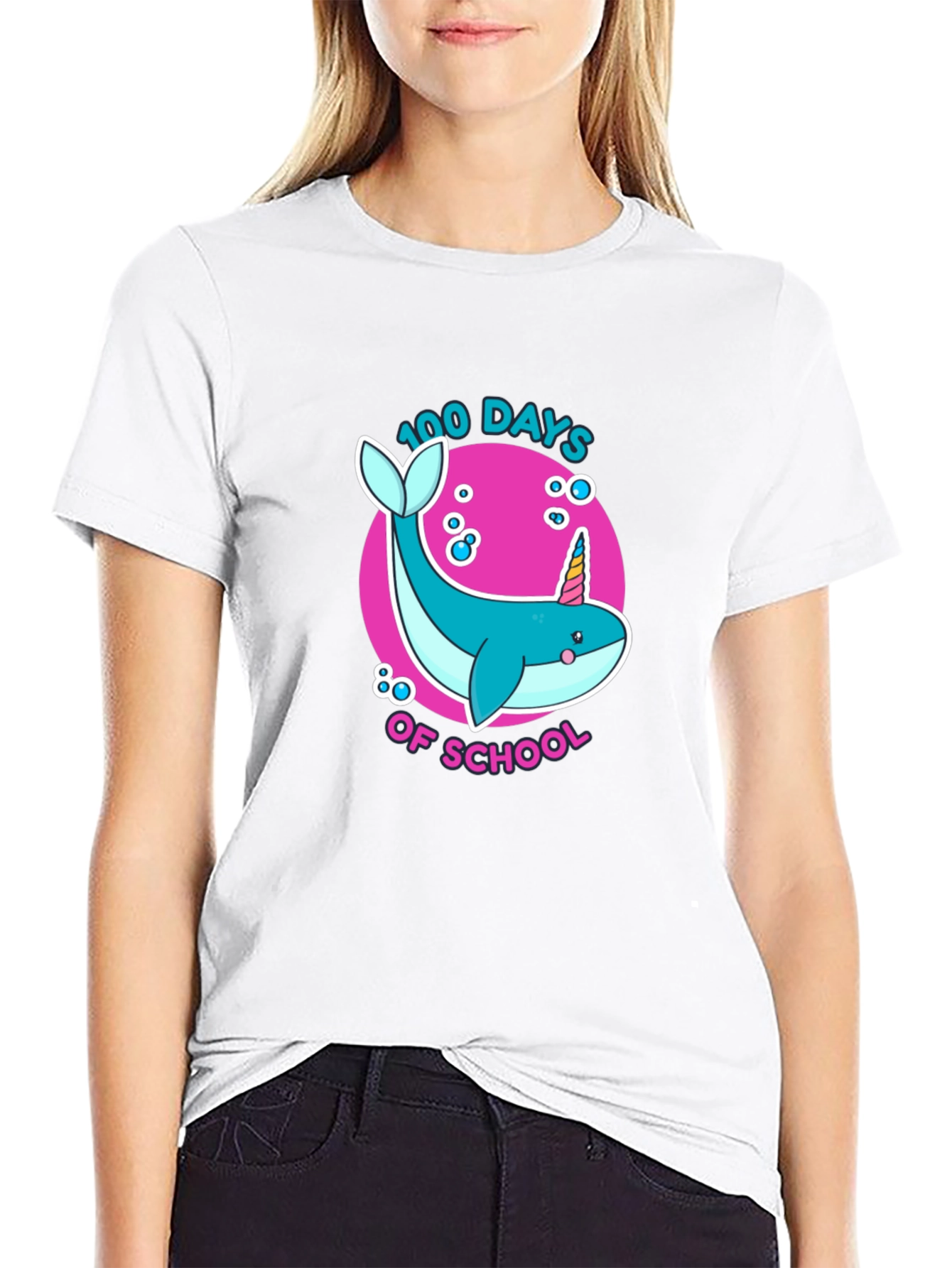 Black 100 Days of School Narwhal Unicorn Kids T-Shirt view 9
