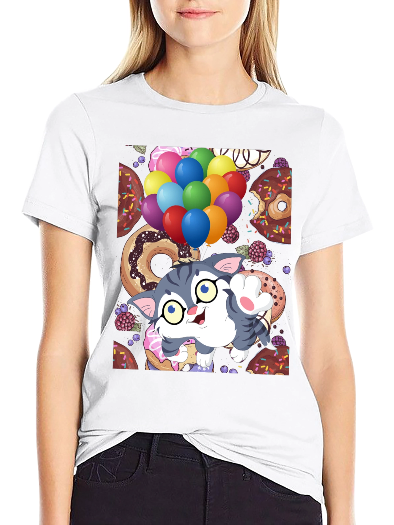 Black Cute Cartoon Cat with Balloons and Donuts T-Shirt view 9