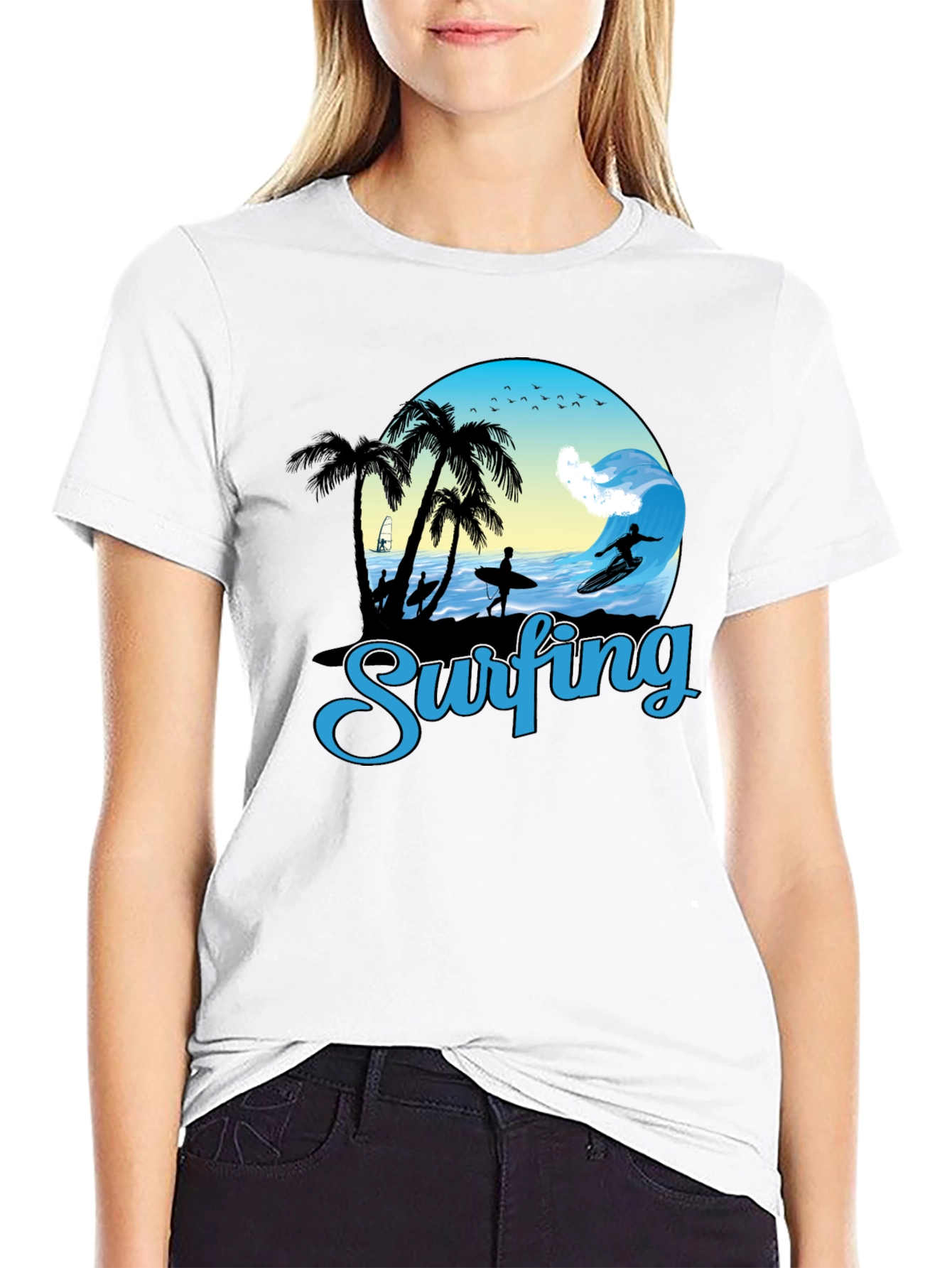 Black Surfing Graphic T-Shirt - Black Cotton Tee view 9