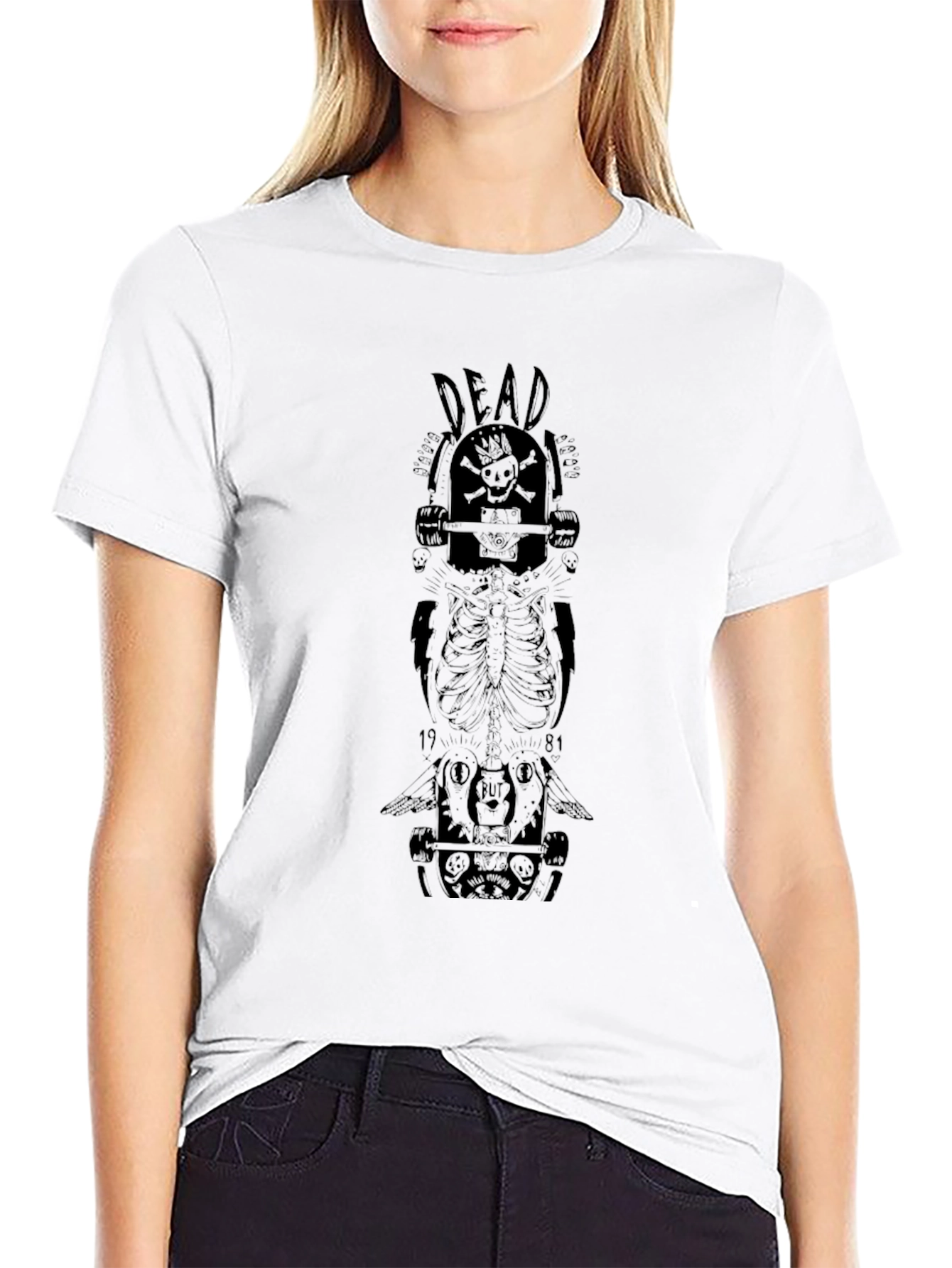 Black Skull Skateboard Graphic Tee - Black Cotton view 9