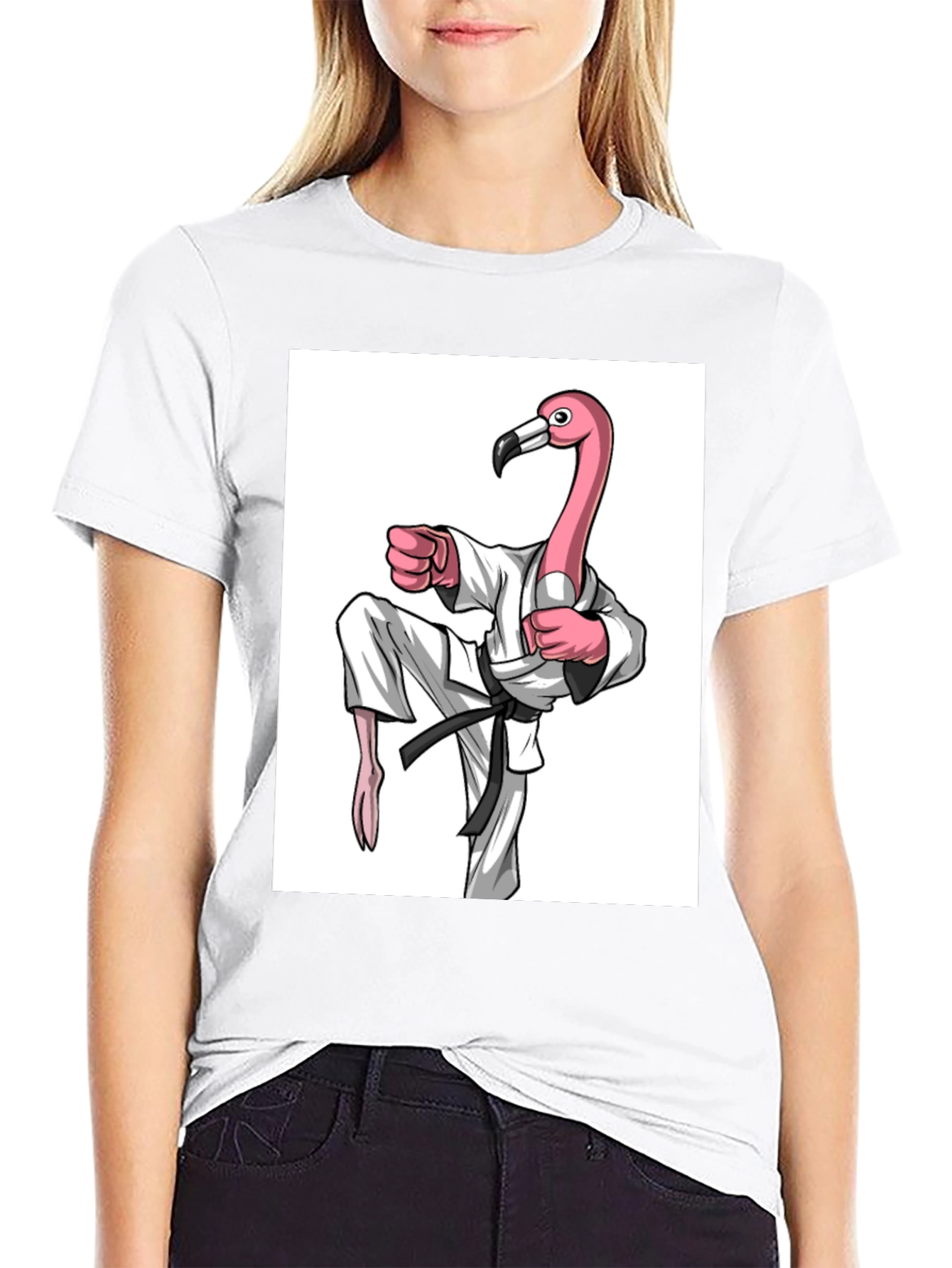 Black Karate Flamingo Black T-Shirt - Unique Graphic Tee view 9