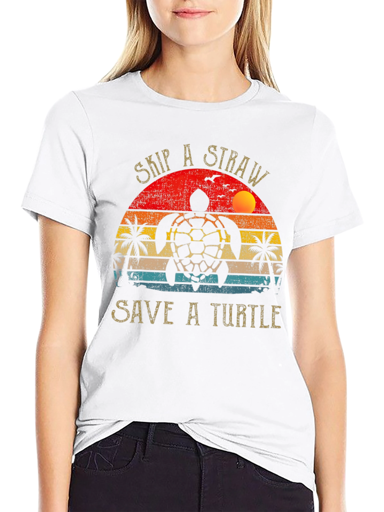 Black Skip a Straw Save a Turtle Graphic Tee view 9