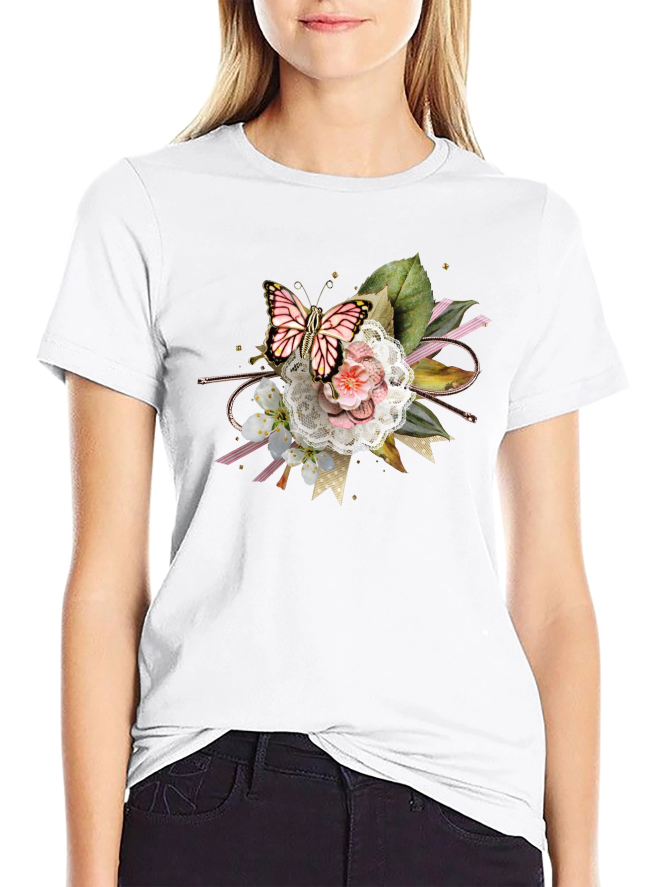 Black Butterfly Floral Graphic Tee - Black Cotton Blend view 9
