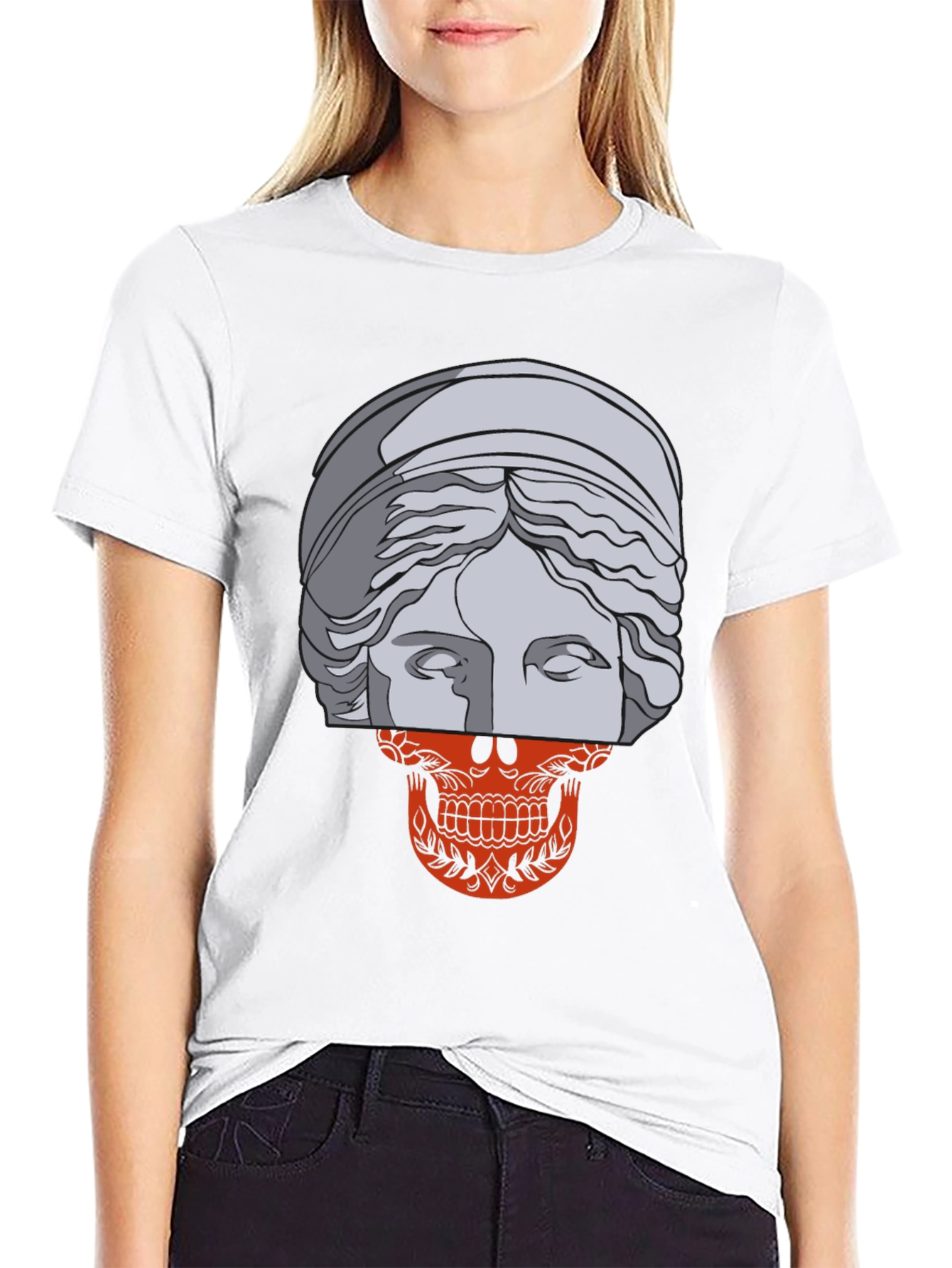 Black Skull Meets Statue Graphic Tee view 9