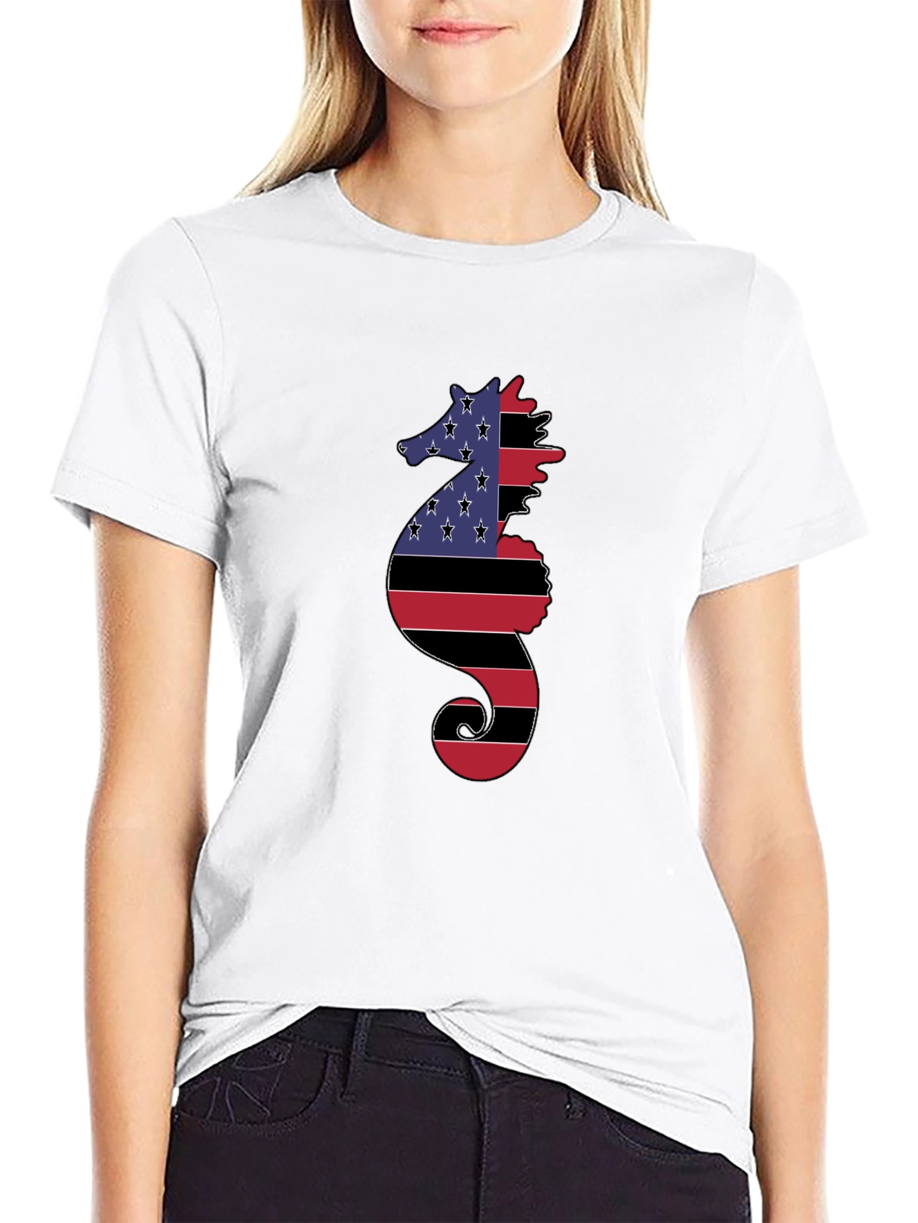 Black American Flag Seahorse Graphic Tee view 9