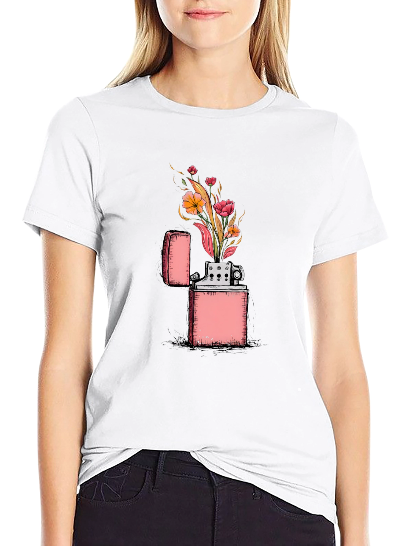 Black Floral Zippo Graphic Tee - Unique Lighter Design view 9
