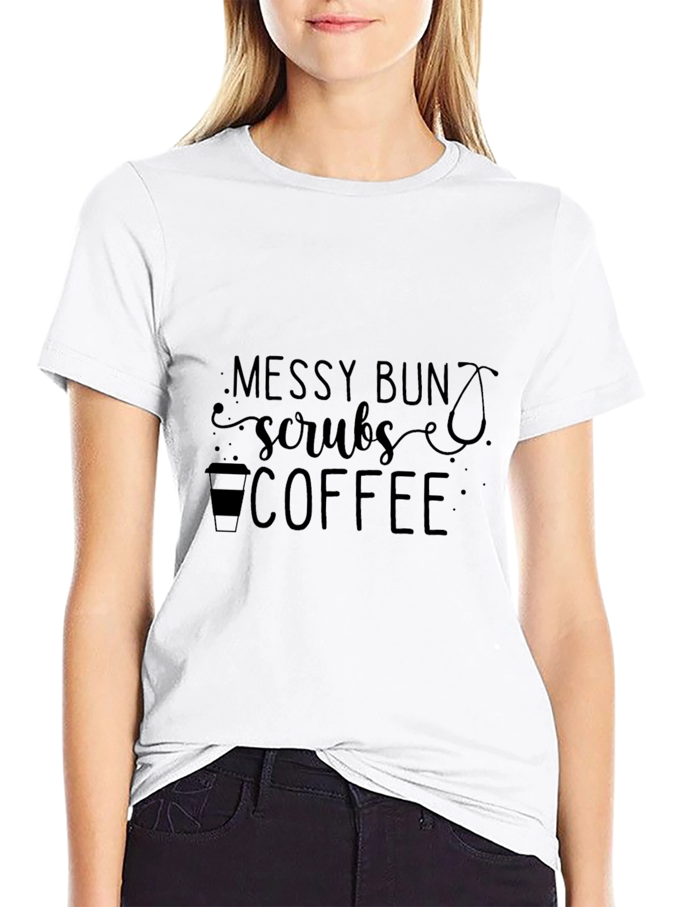 Black Messy Bun Scrubs Coffee Graphic T-Shirt view 9