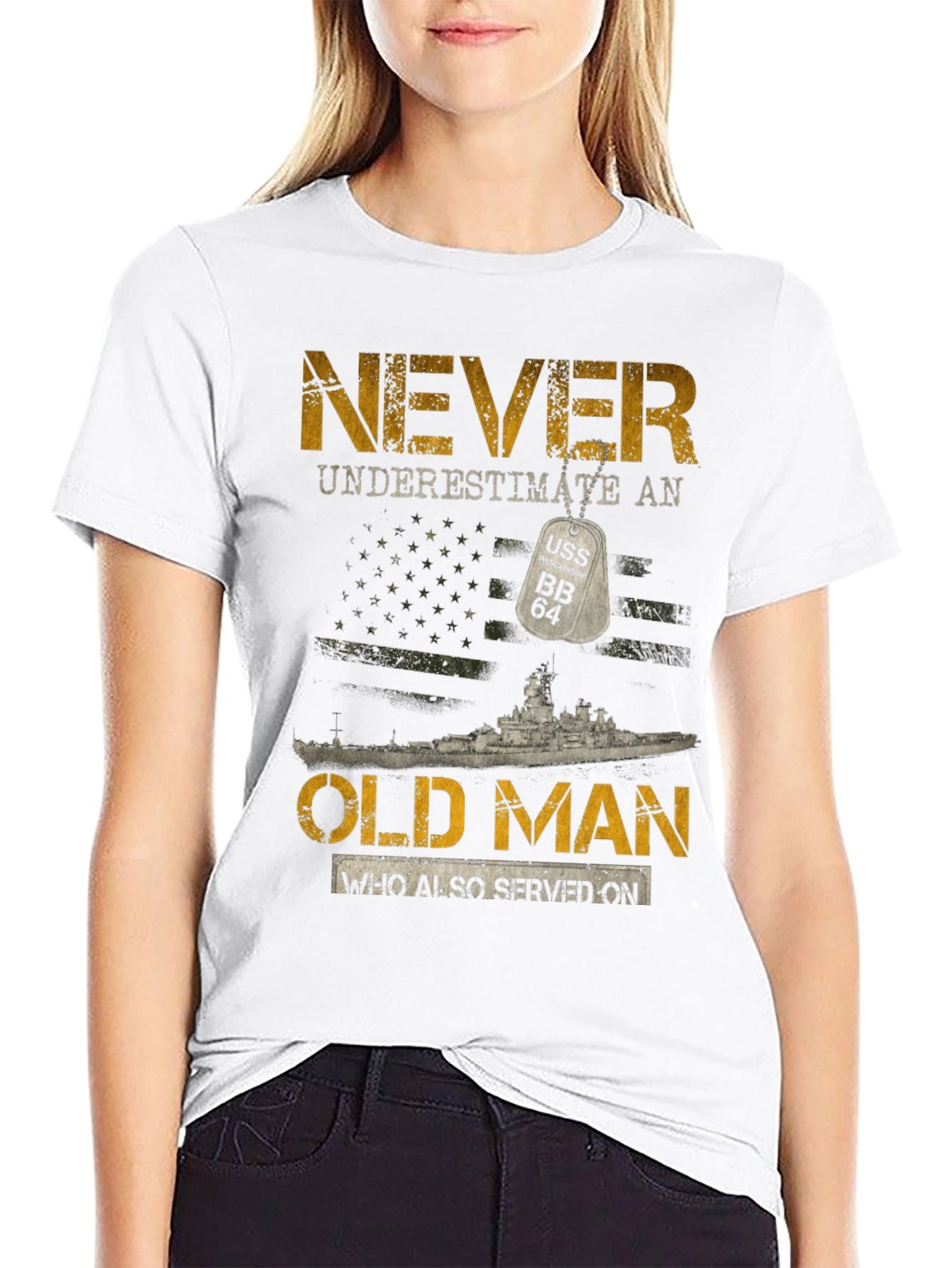 Black Never Underestimate an Old Man USS BB 64 T-Shirt view 9