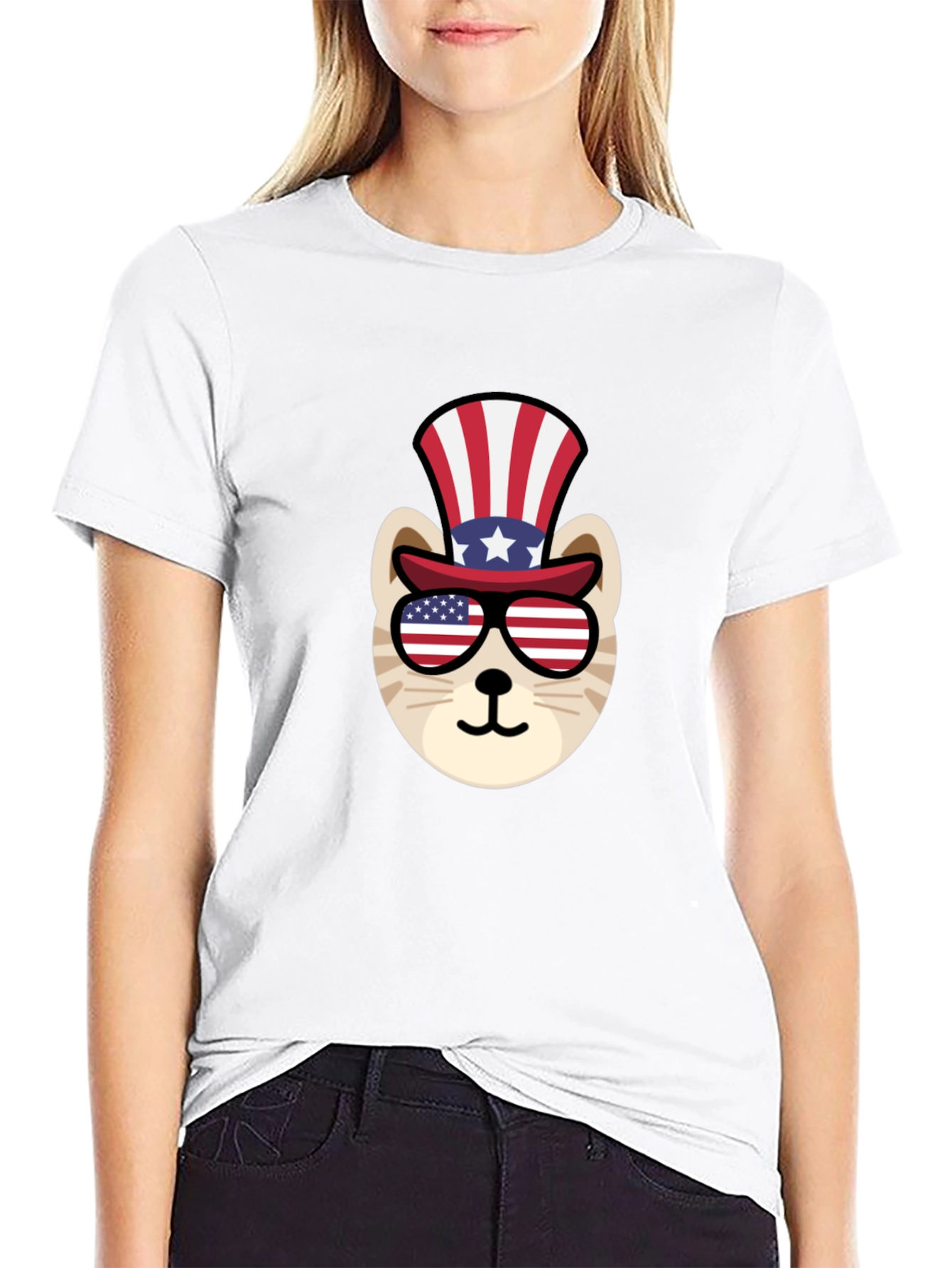 Black Patriotic Cat T-Shirt: American Flag Top Hat & Glasses view 9