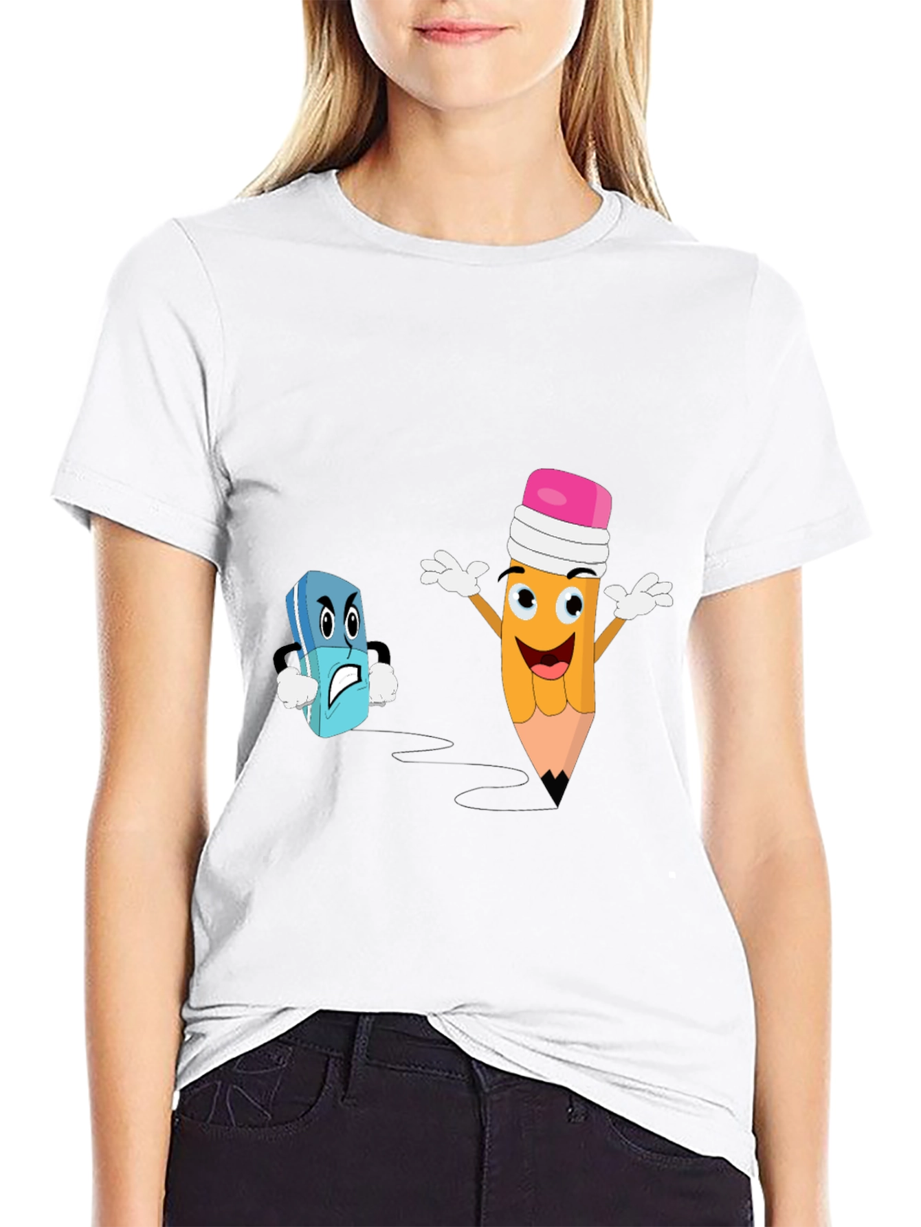 Black Funny Pencil vs Eraser Cartoon Black T-Shirt view 9