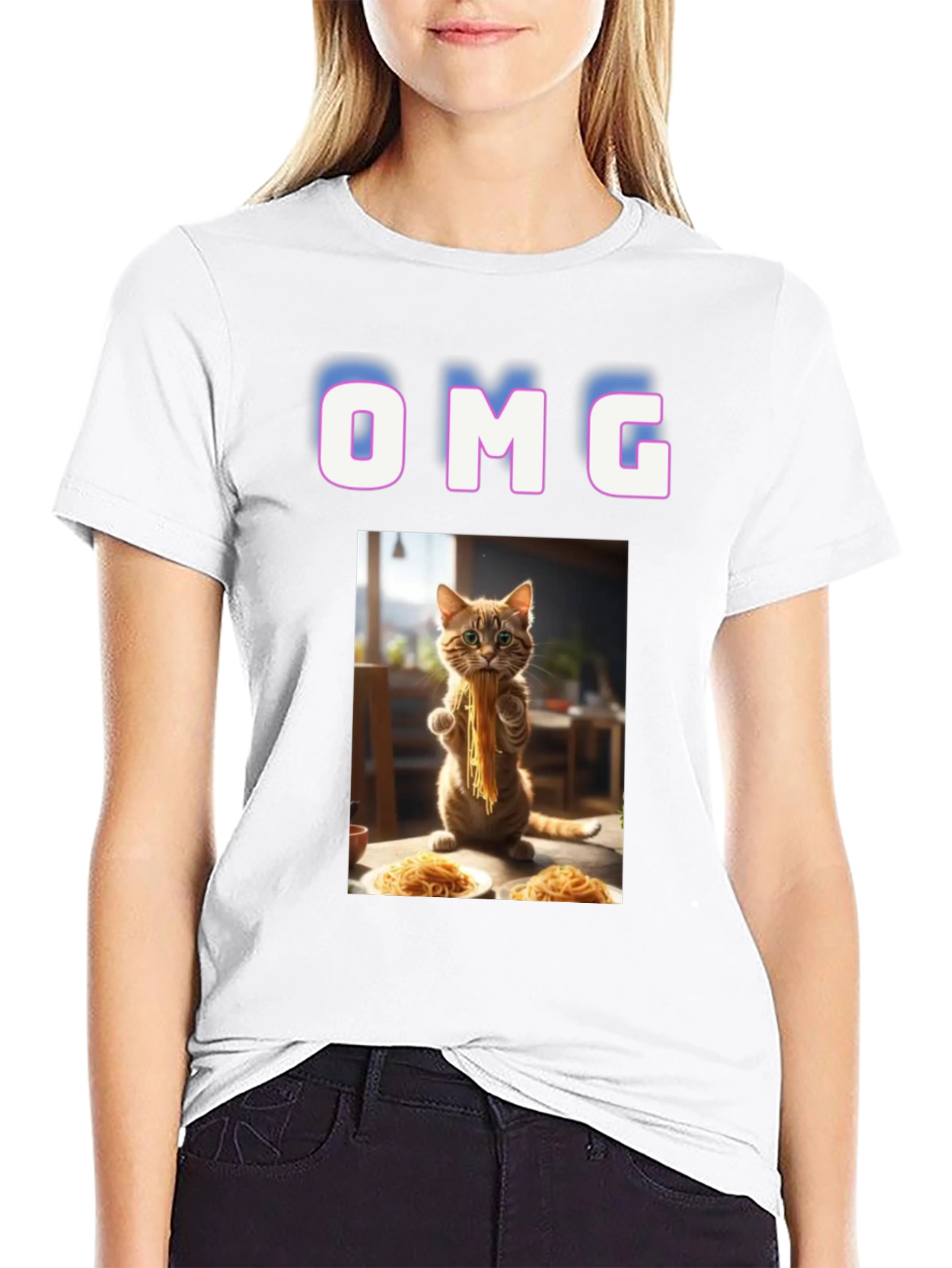 Black OMG Cat Eating Spaghetti Graphic T-Shirt view 9