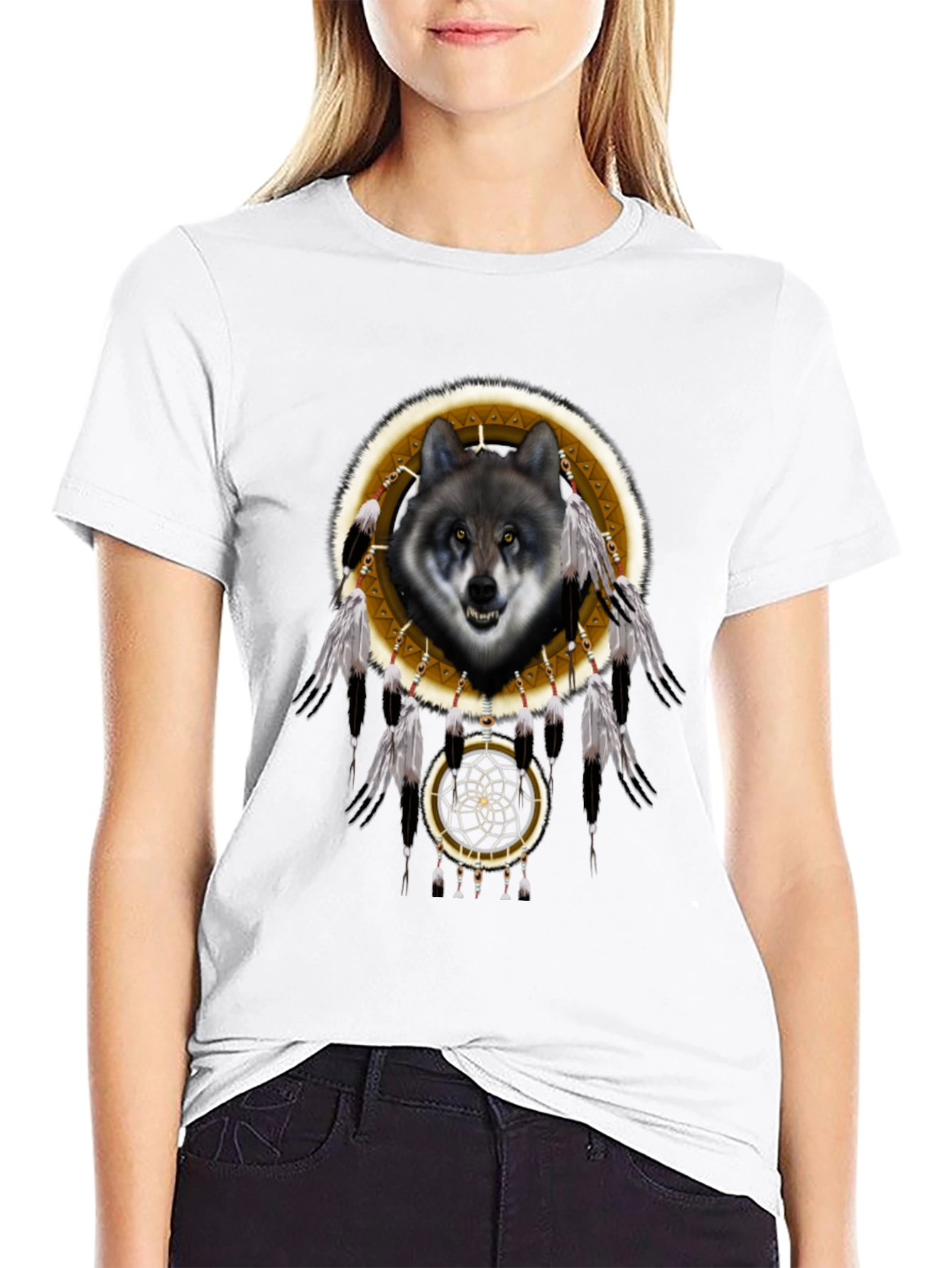 Black Wolf Dreamcatcher Graphic T-Shirt - Native American Inspired view 9