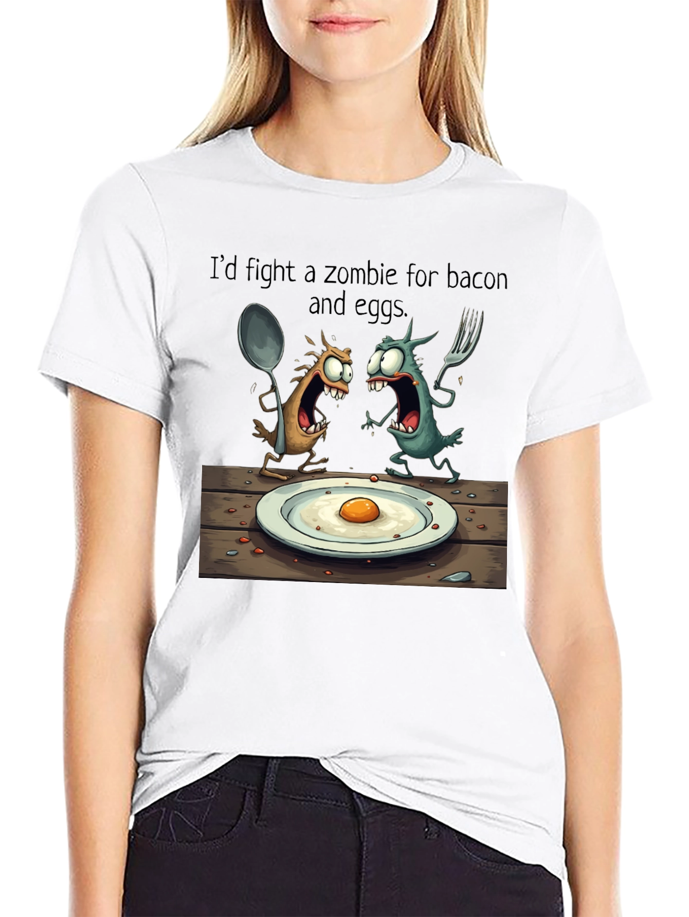 Black Zombie Bacon & Eggs T-Shirt: Funny Cartoon Foodie Tee view 9
