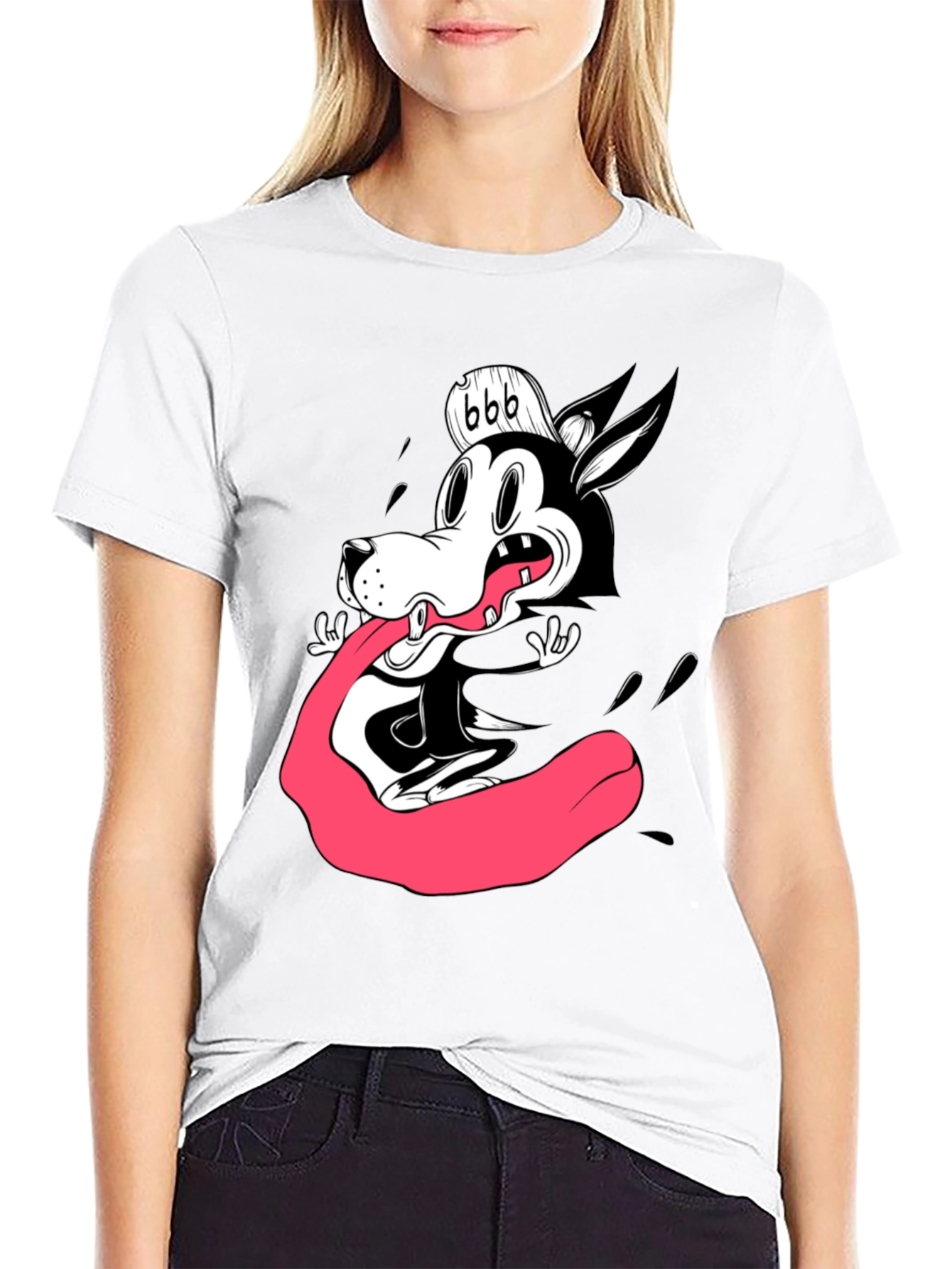 Black Cartoon Wolf Graphic Tee - Black Cotton T-Shirt view 9