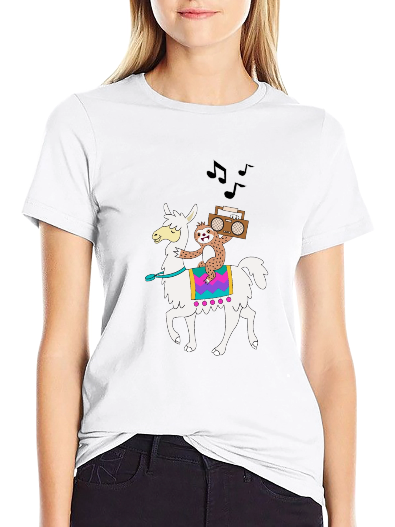 Black Llama & Sloth T-Shirt - Cute Cartoon Graphic Tee view 9