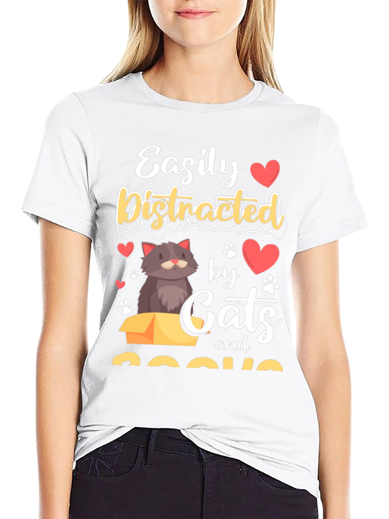 Black Easily Distracted by Cats and Books T-Shirt view 9