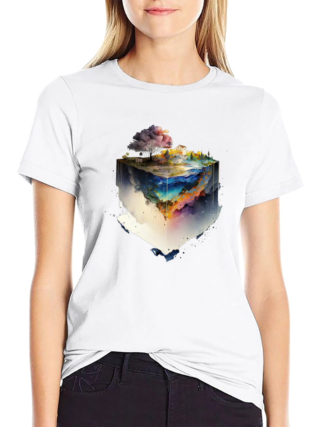 Black Watercolor World Cube Graphic Tee view 9