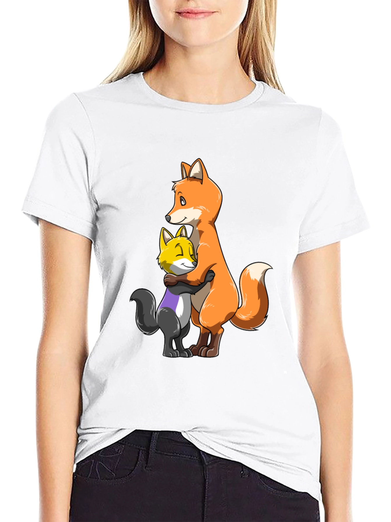 Black Fox Hug T-Shirt - Cute Cartoon Animal Graphic Tee view 9