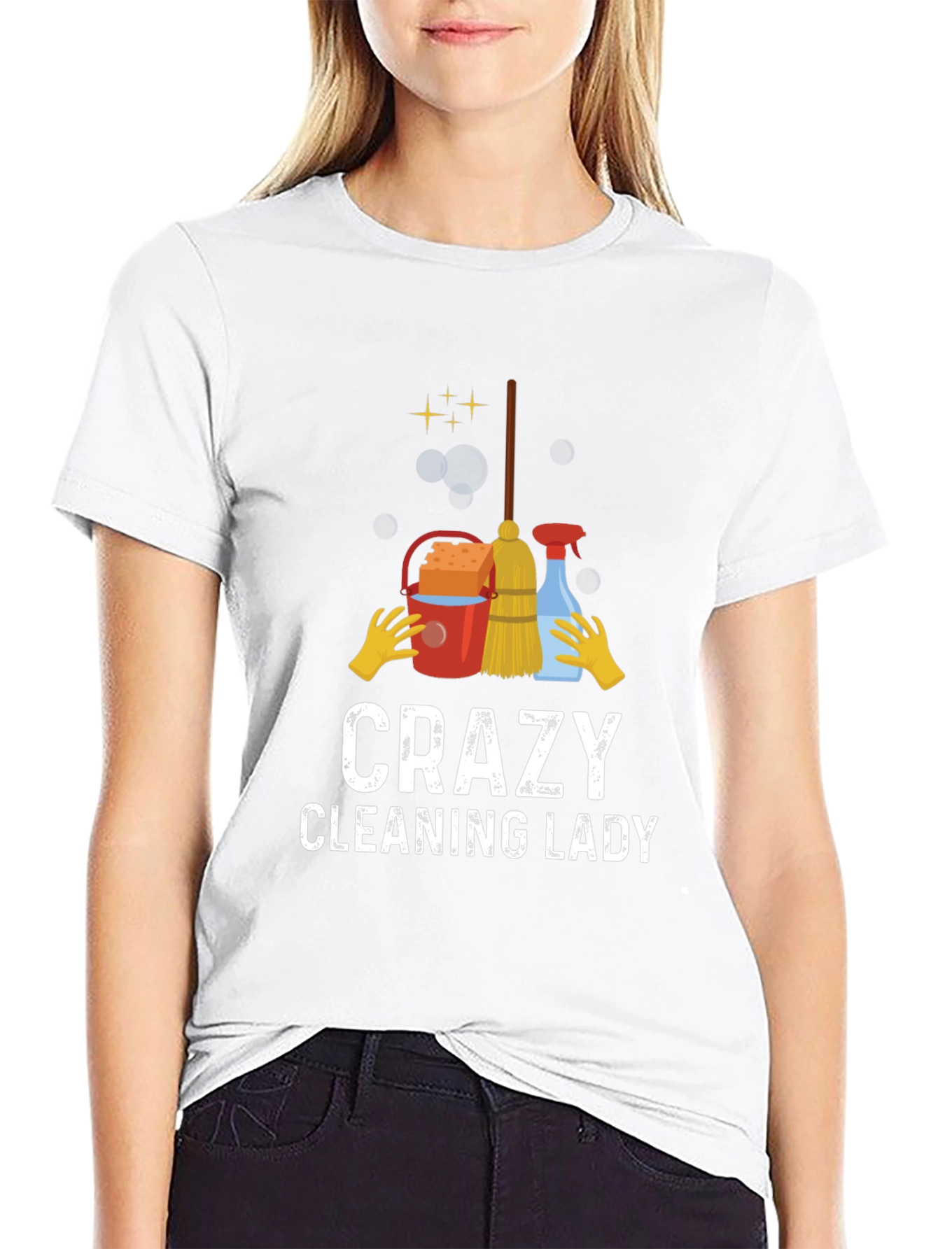 Black Crazy Cleaning Lady T-Shirt - Funny Housekeeping Tee view 9