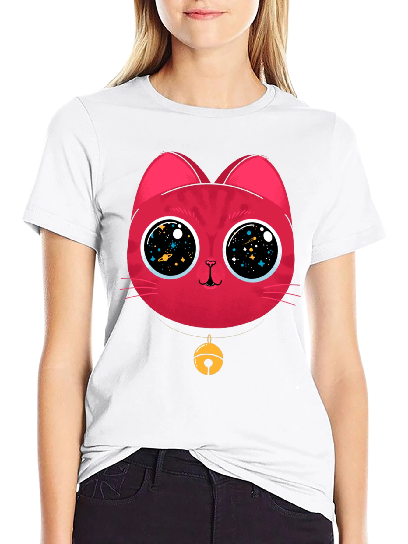 Black Cosmic Cat Tee - Galaxy Eyes Graphic T-Shirt view 9