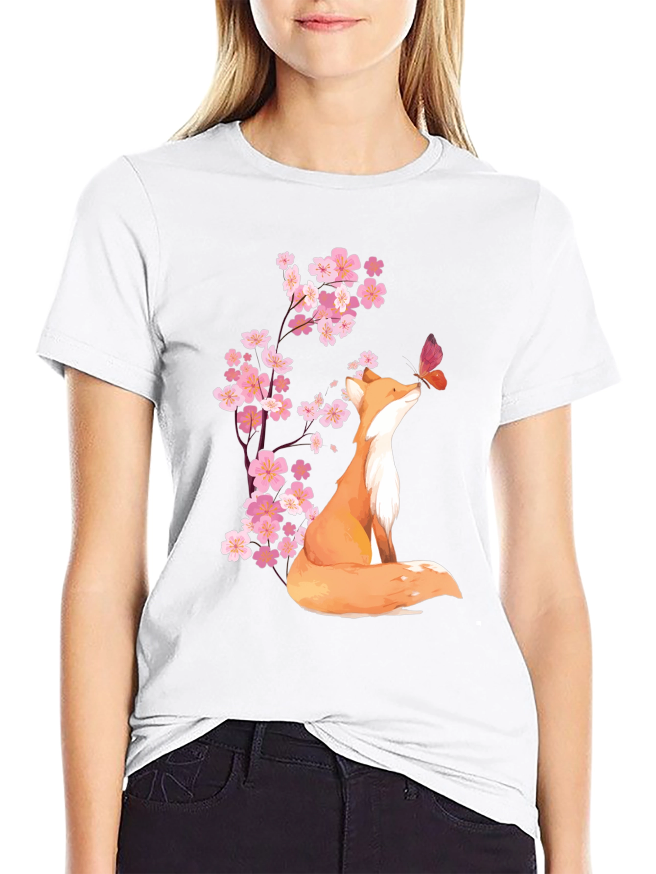 Black Fox & Cherry Blossom Graphic Tee - Soft Cotton Blend view 9