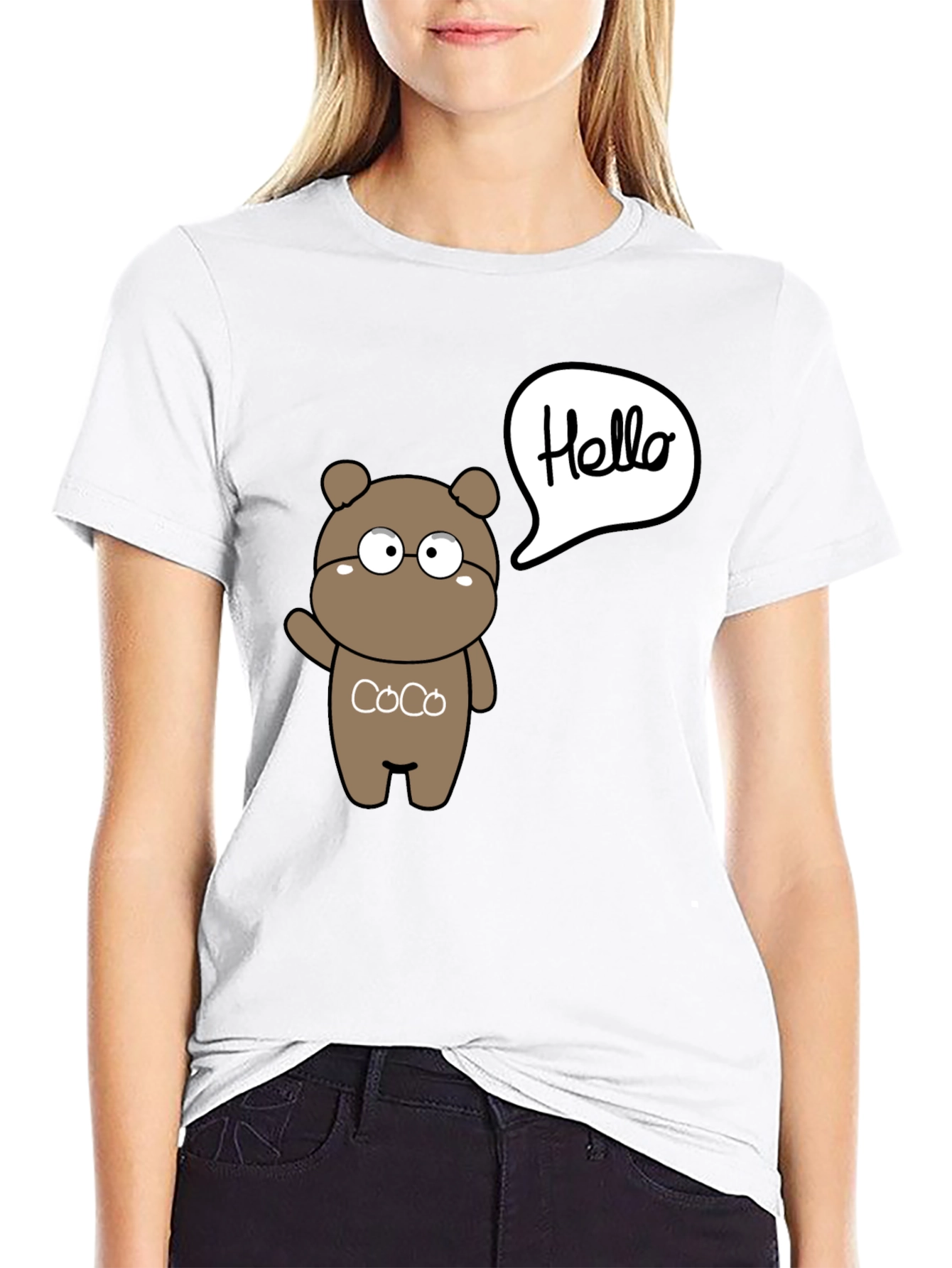 Black Cute Cartoon Bear Hello Graphic Black T-Shirt view 9