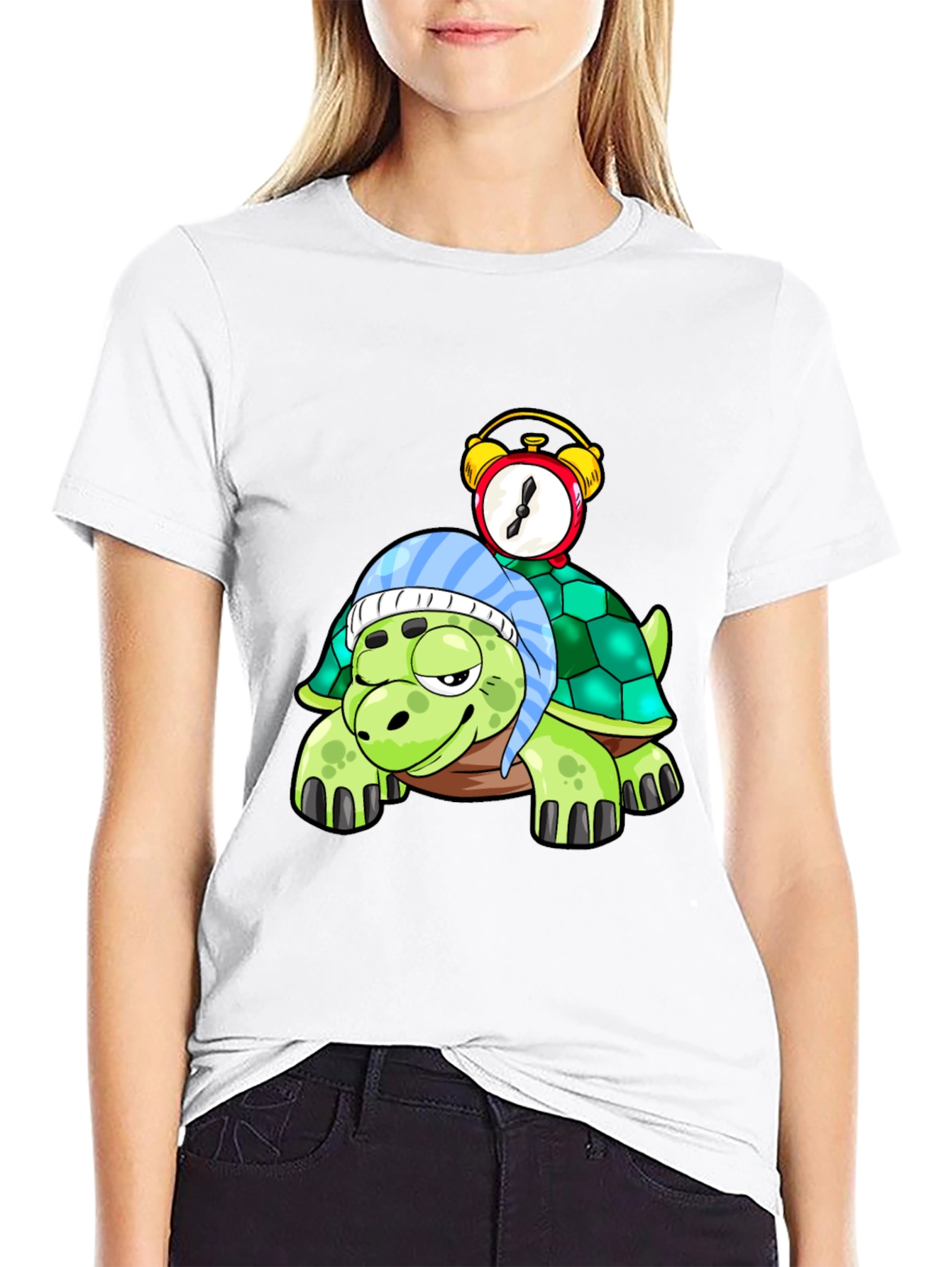 Black Cartoon Turtle with Alarm Clock T-Shirt view 9