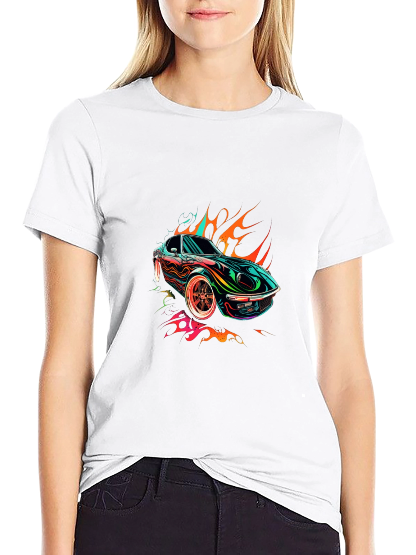 Black Flaming Car Graphic Tee - Stylish Cotton Blend view 9