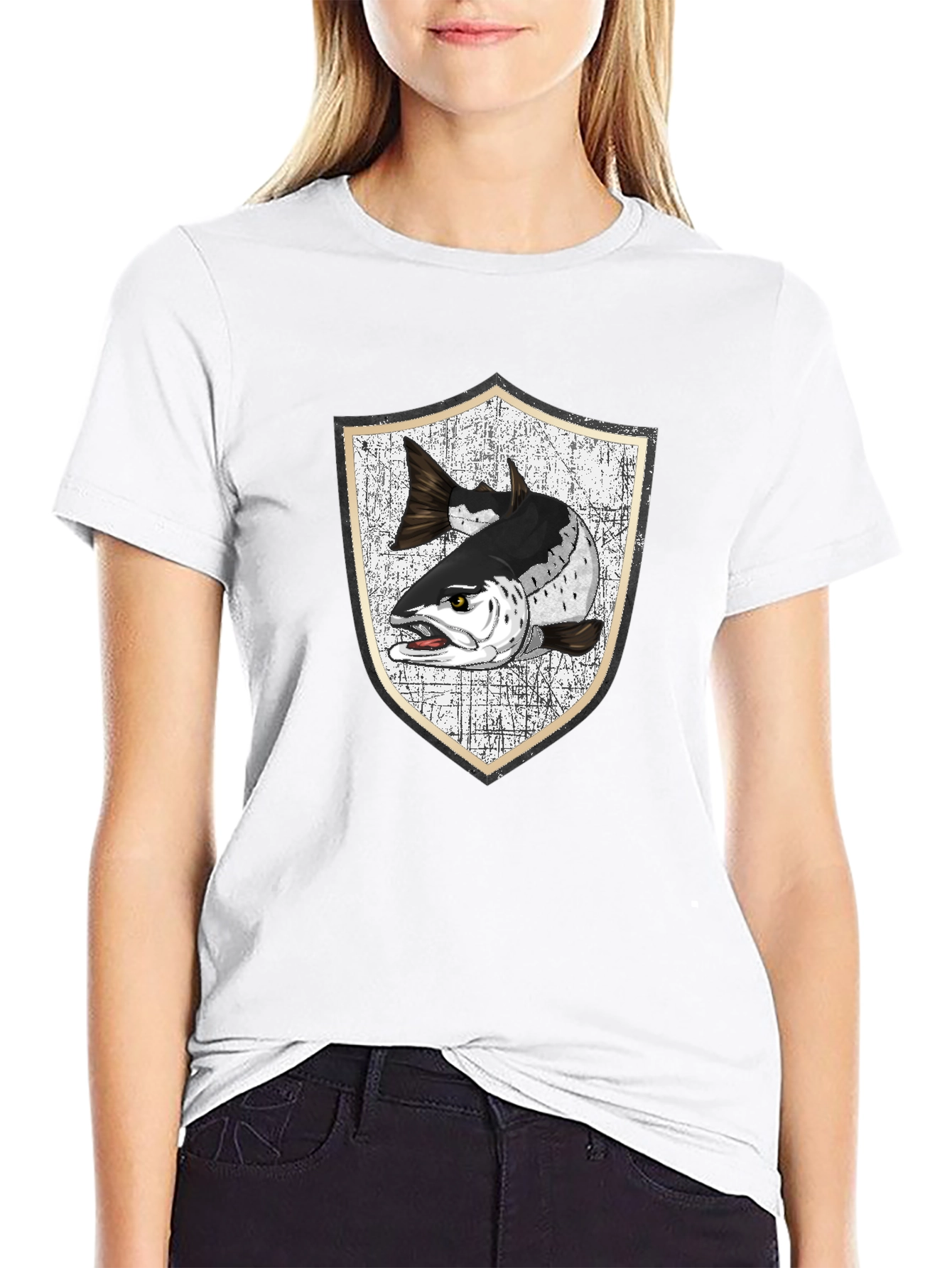 Men's Black T-Shirt with Fish Crest Graphic - 9