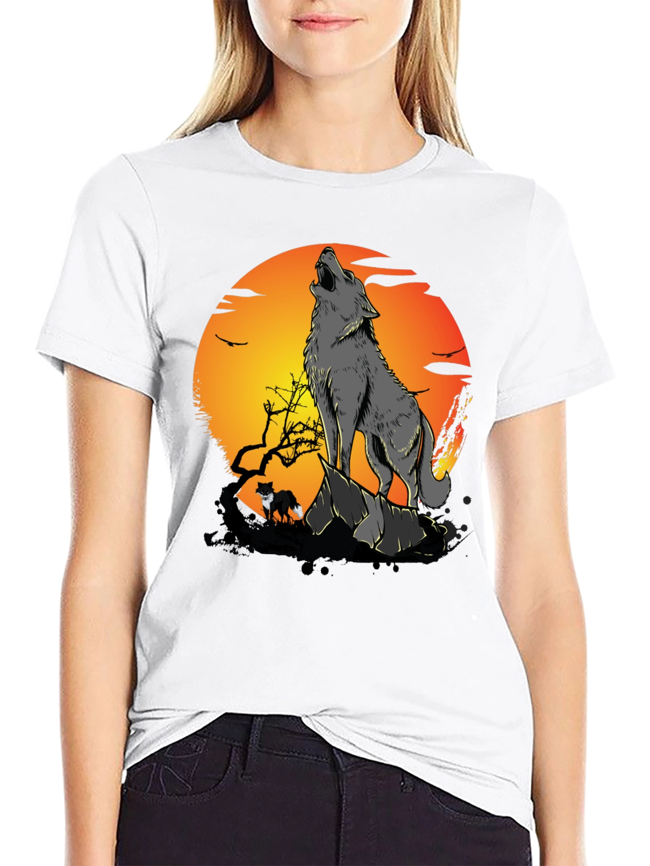 Black Wolf Howling at Moon Graphic Tee view 9