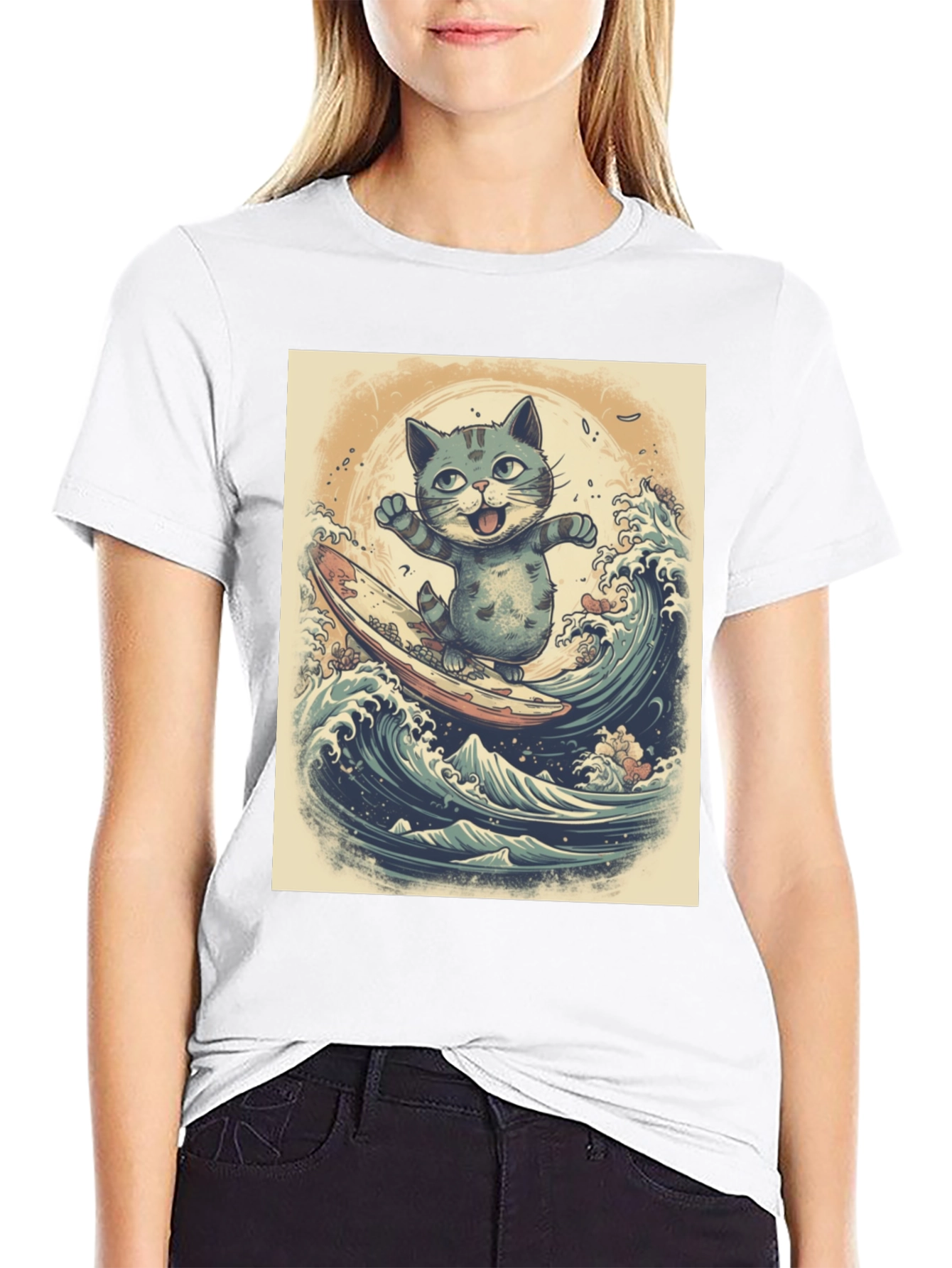 Black Cat Surfing Graphic Tee - Black Cotton Blend view 9