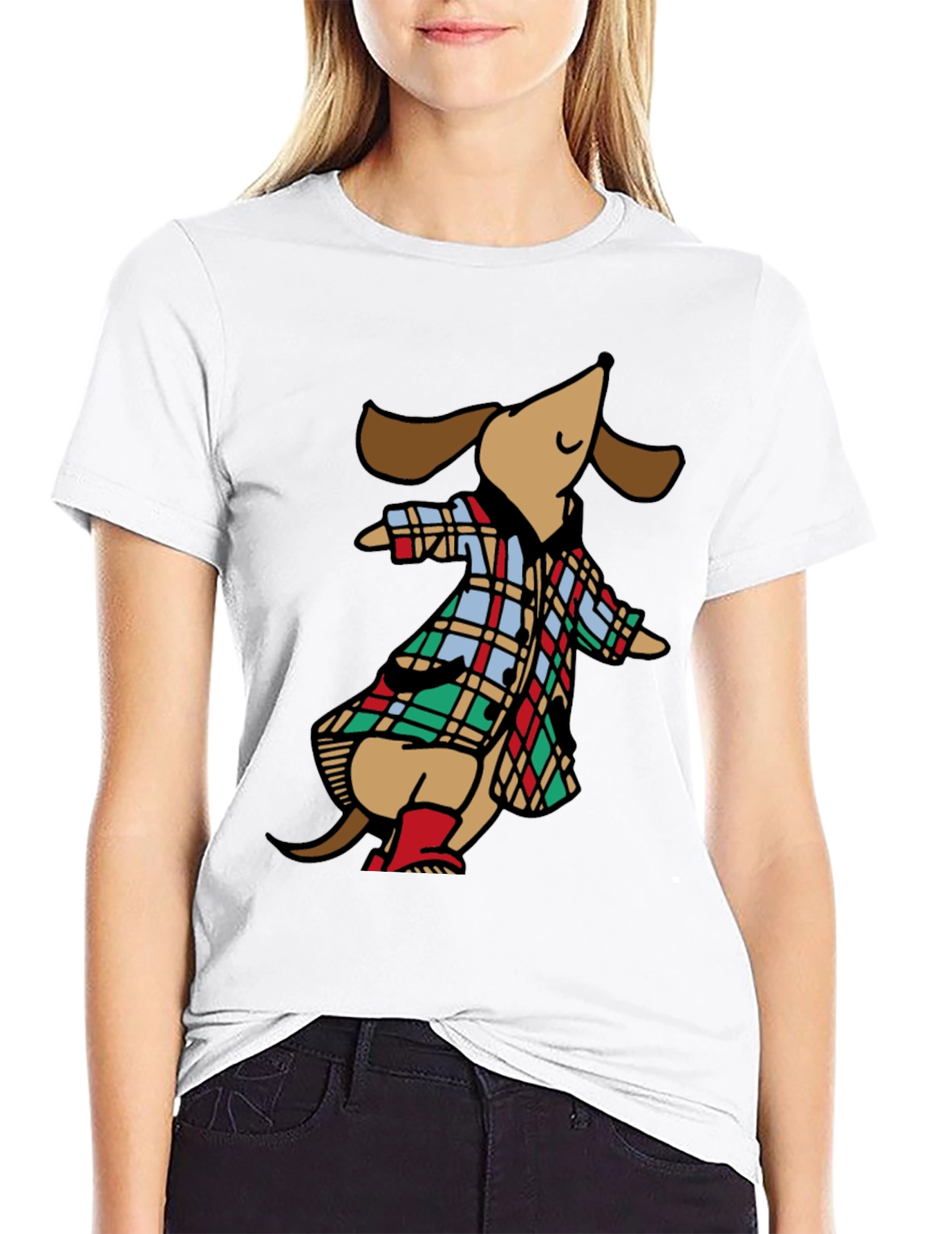 Black Dachshund in Plaid Raincoat T-Shirt view 9