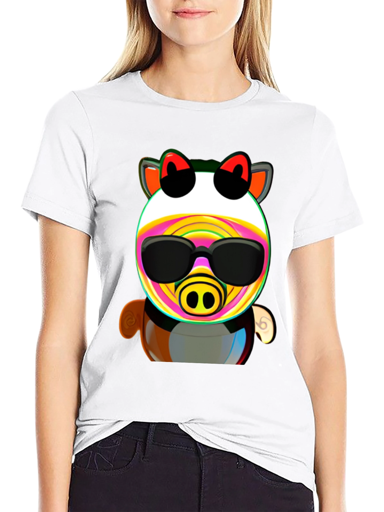 Black Cartoon Pig in Sunglasses Graphic Tee - Black view 9