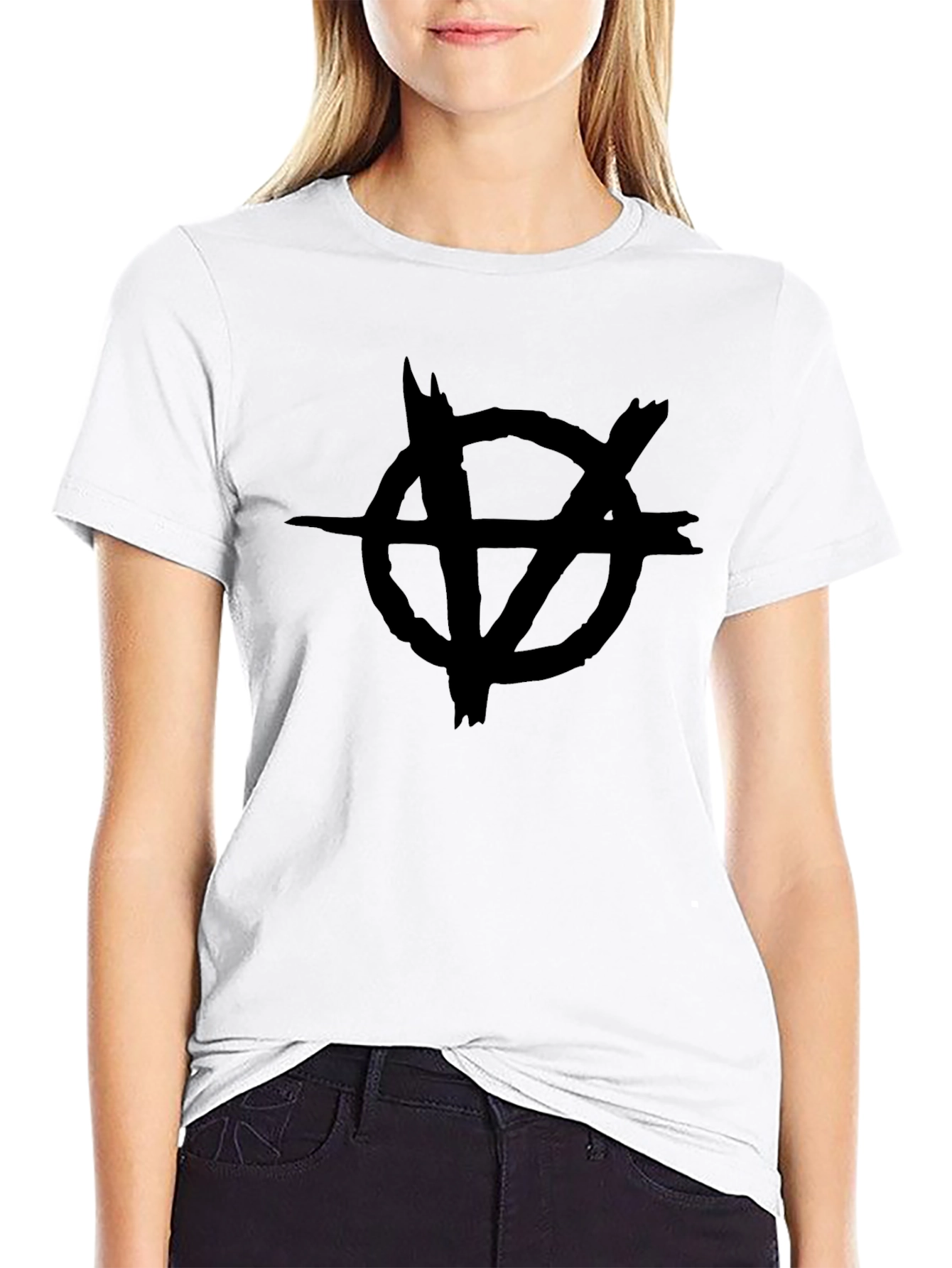 Black Distressed Circle V Symbol Black T-Shirt view 9