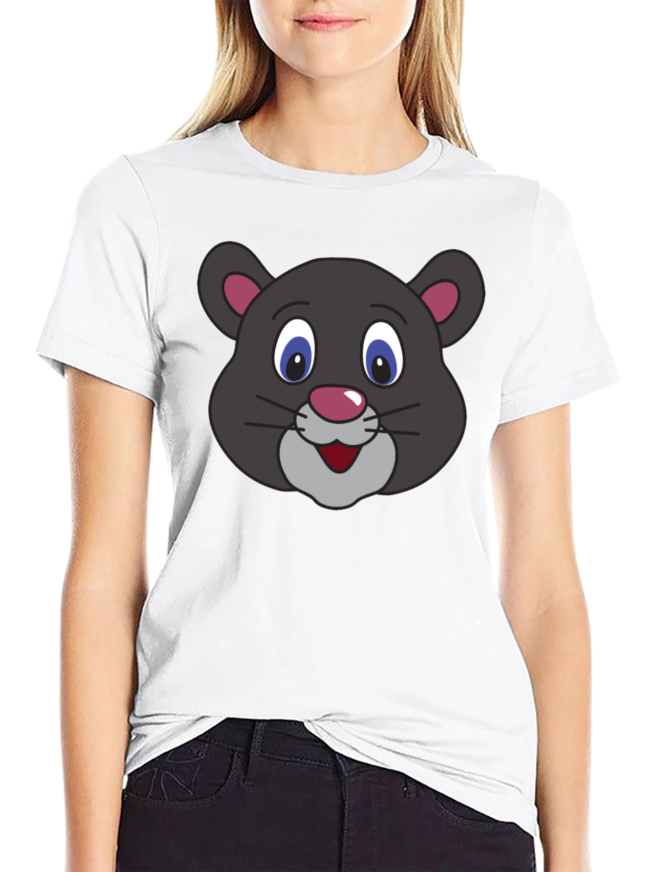 Black Cute Cartoon Panther Face Black T-Shirt view 9