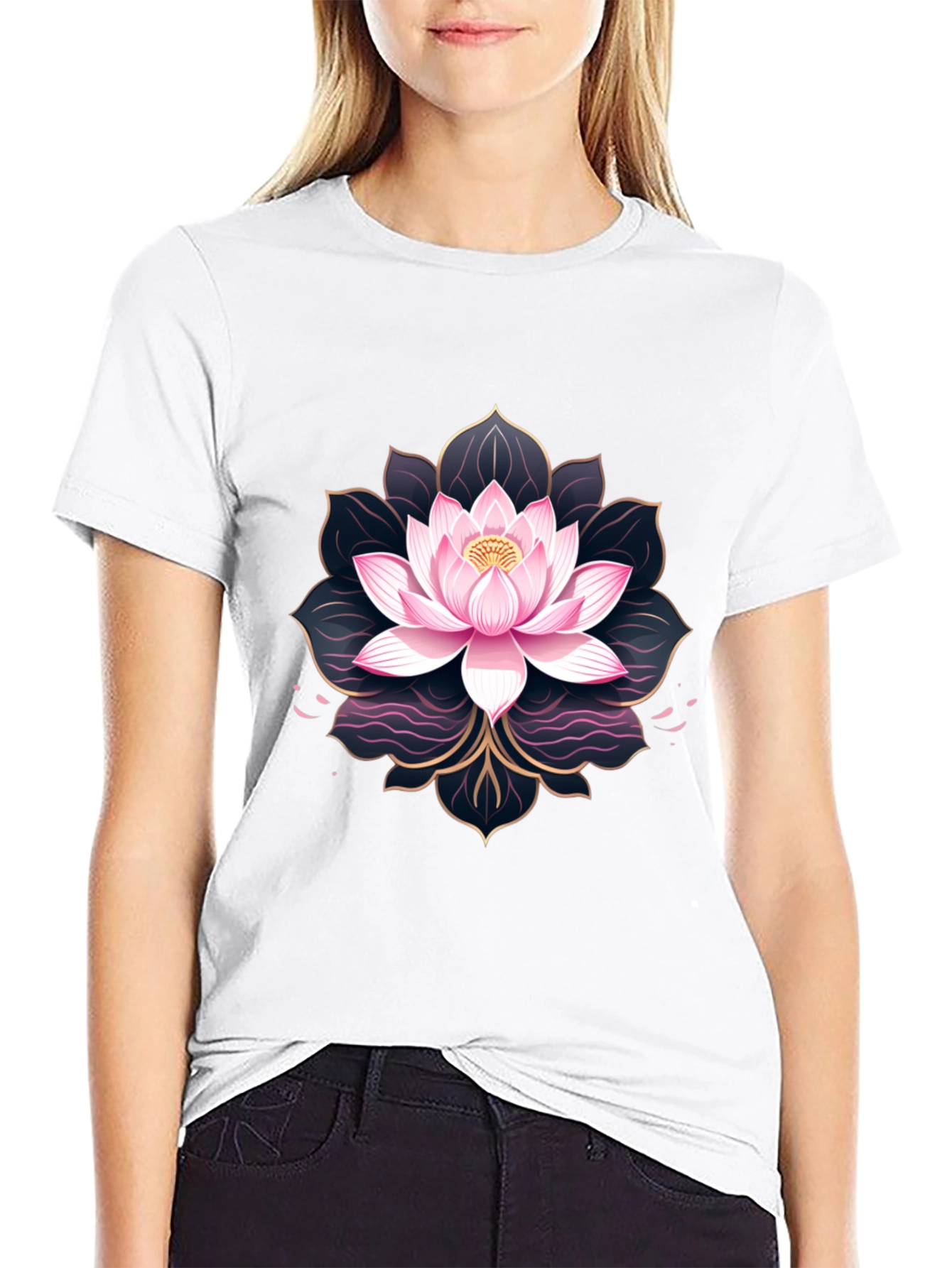Black Lotus Flower Graphic Print Men's Black T-Shirt view 9