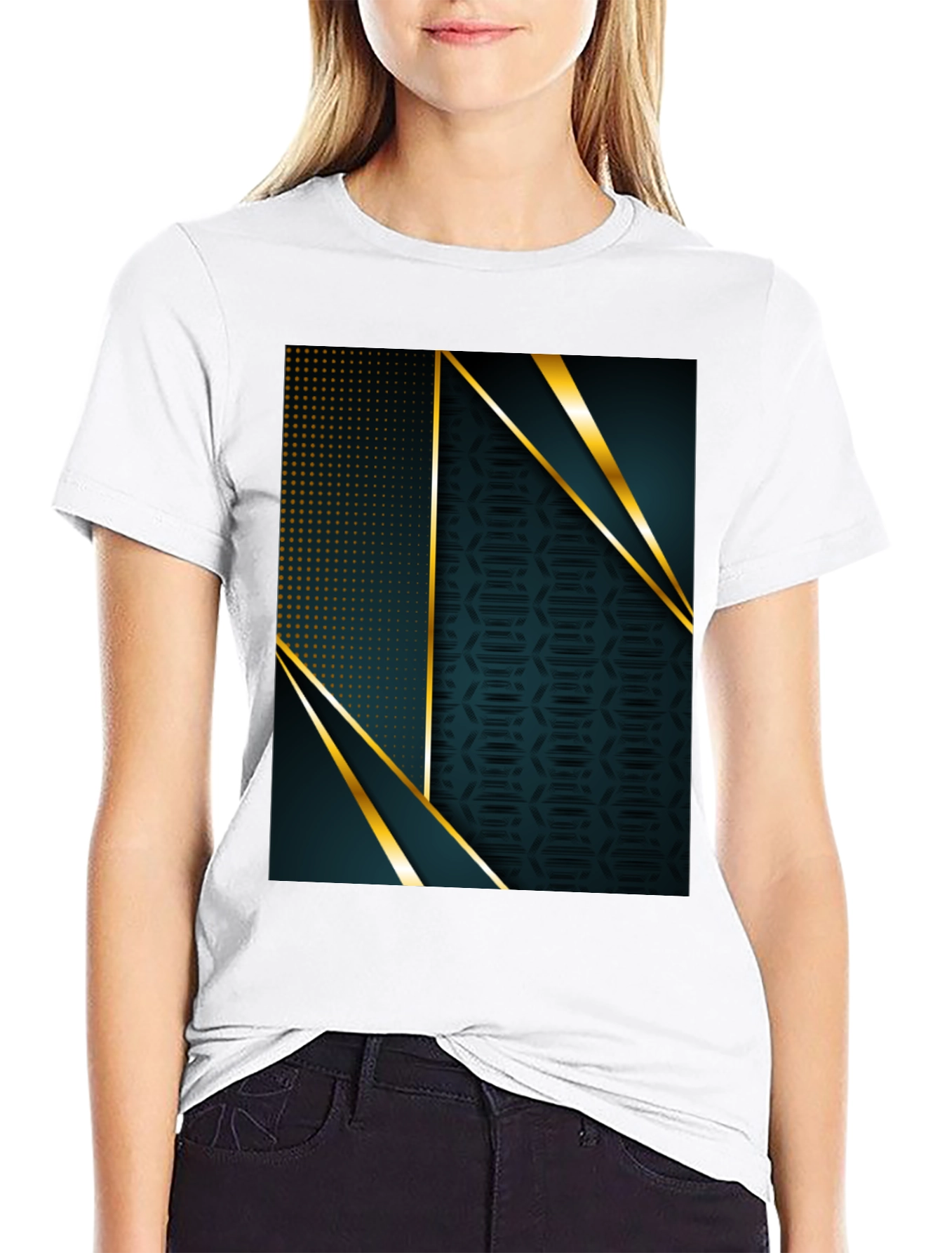 Black Stylish Geometric Gold Accent Black T-Shirt view 9