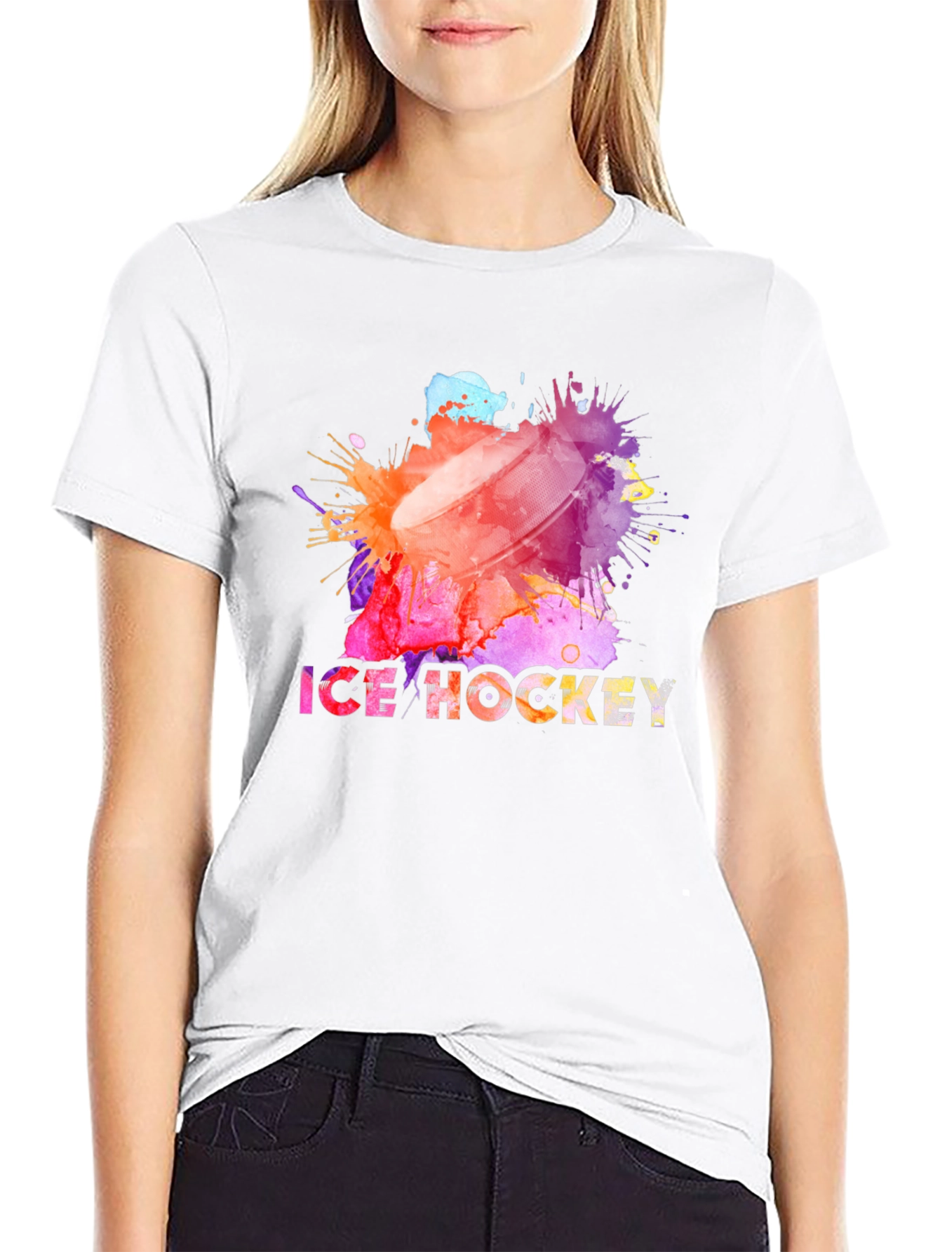 Black Watercolor Ice Hockey Graphic T-Shirt view 9