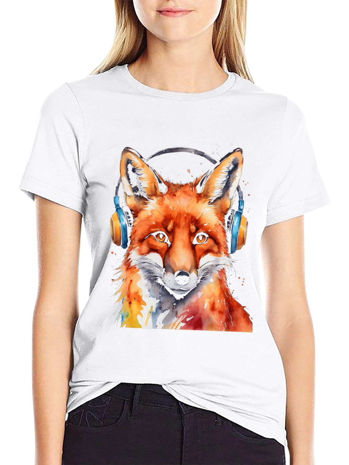 Black Cool Fox Headphones T-Shirt view 9